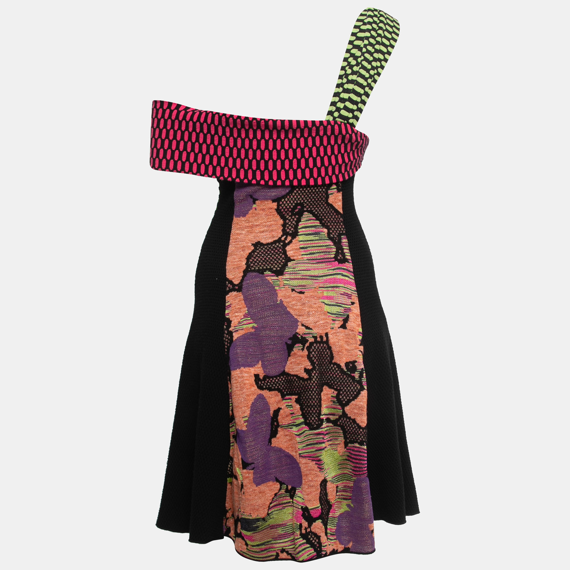 

Missoni Multicolor Patterned Stretch Knit Paneled One Shoulder Flared Short Dress
