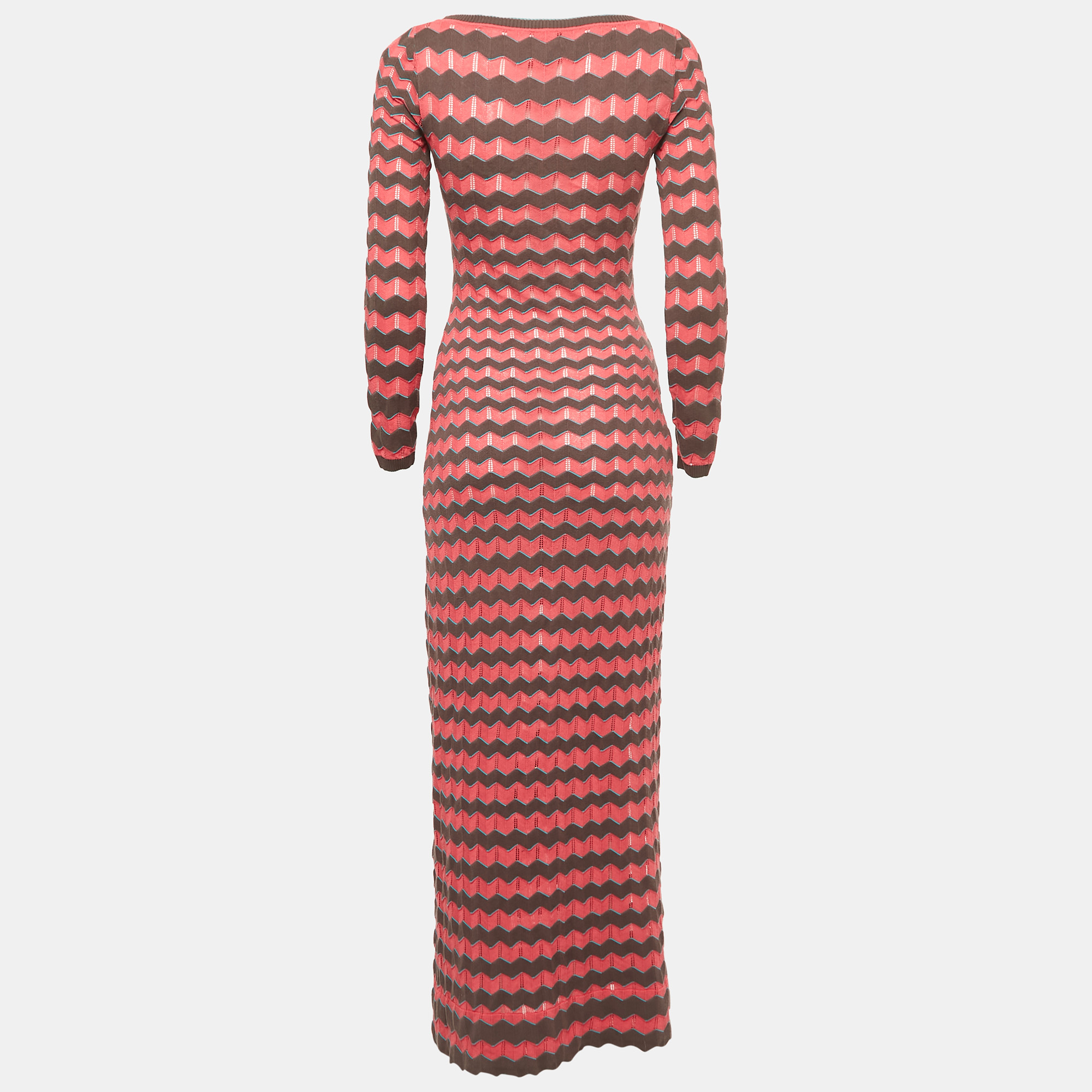 

M Missoni Pink/Multicolor Patterned Knit Long Sleeve Maxi Dress