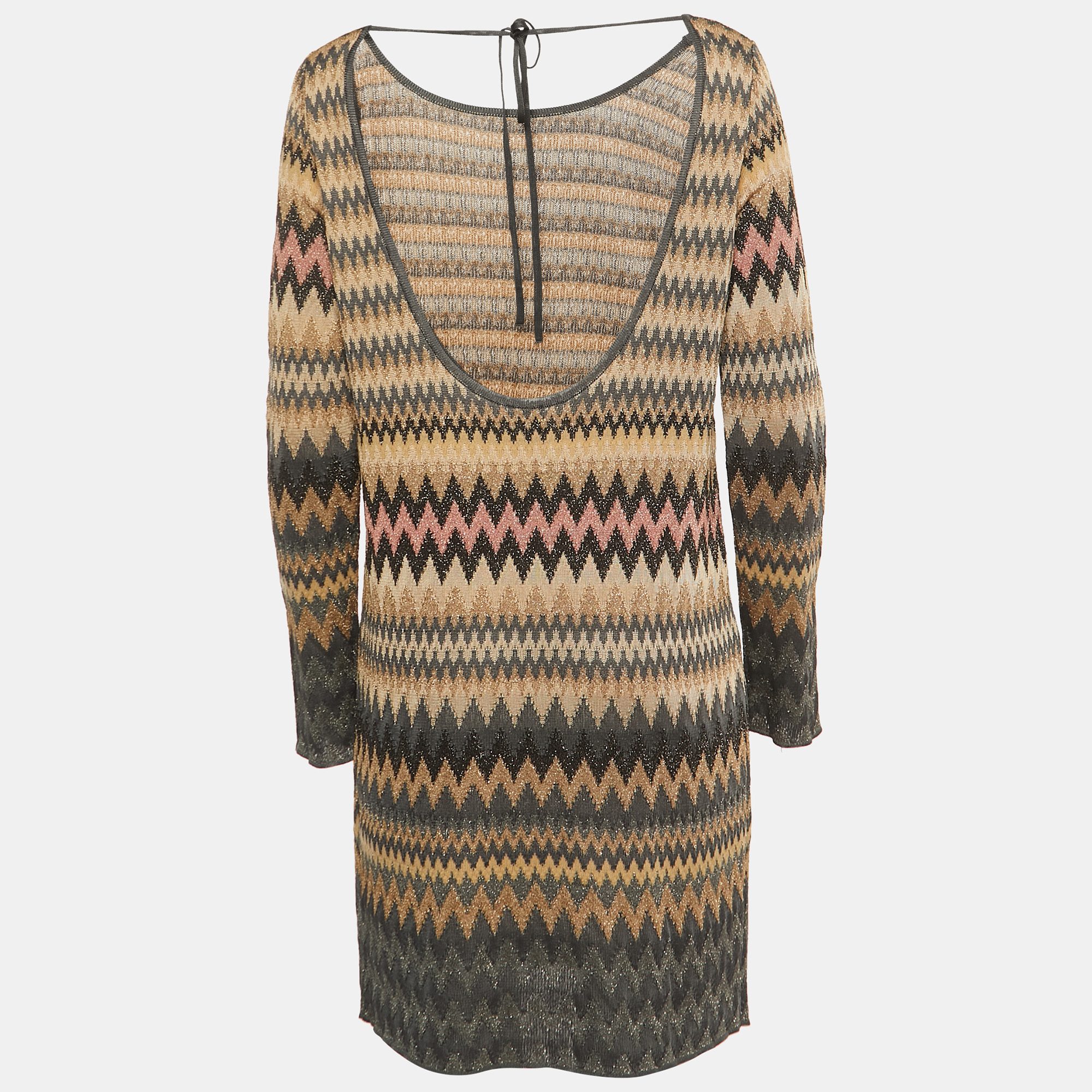 

Missoni Multicolor Chevron Lurex Knit Deep Neck Detailed Mini Dress