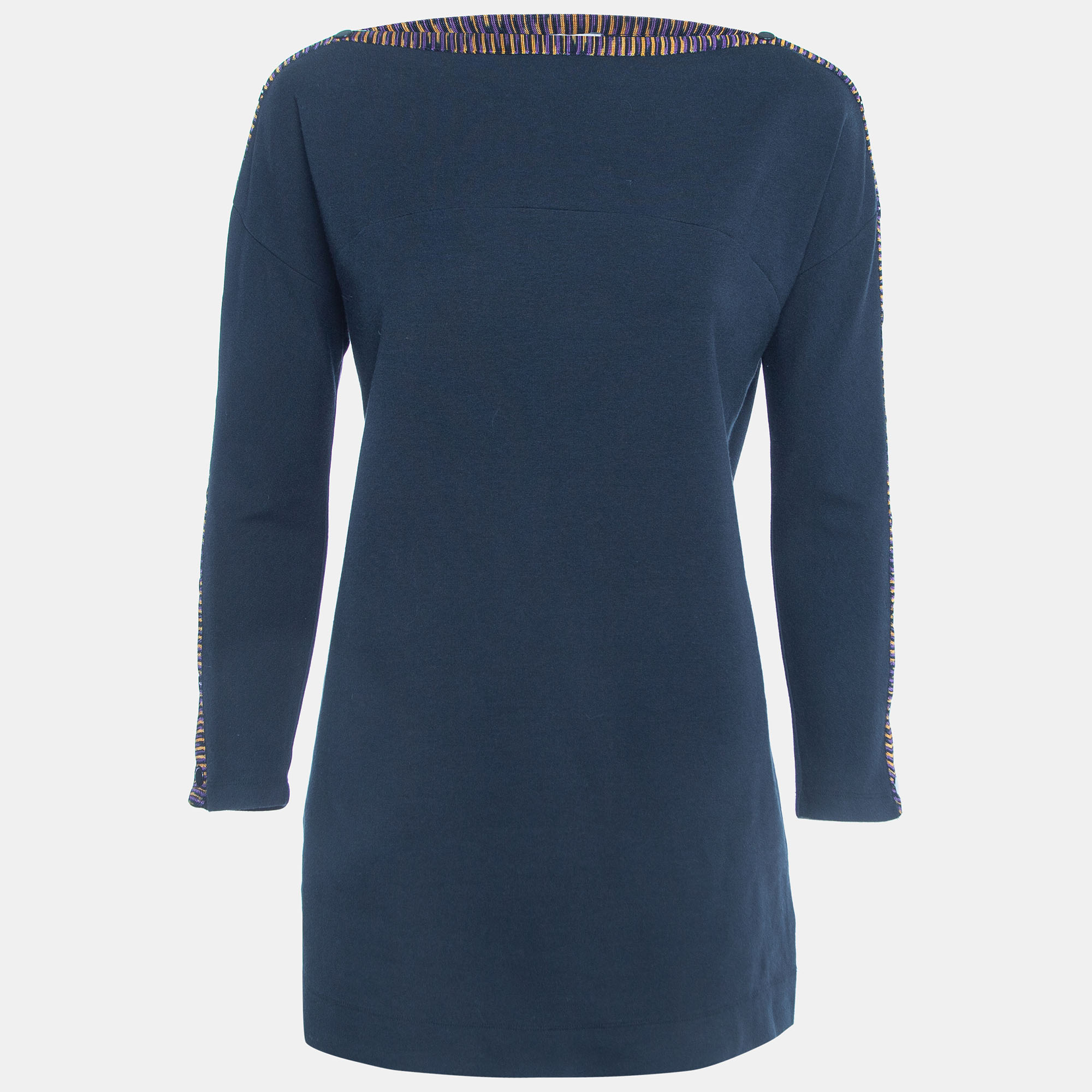 Pre-owned M Missoni Navy Blue Cotton Blend Knit Buttoned Sleeve Detail T-shirt S