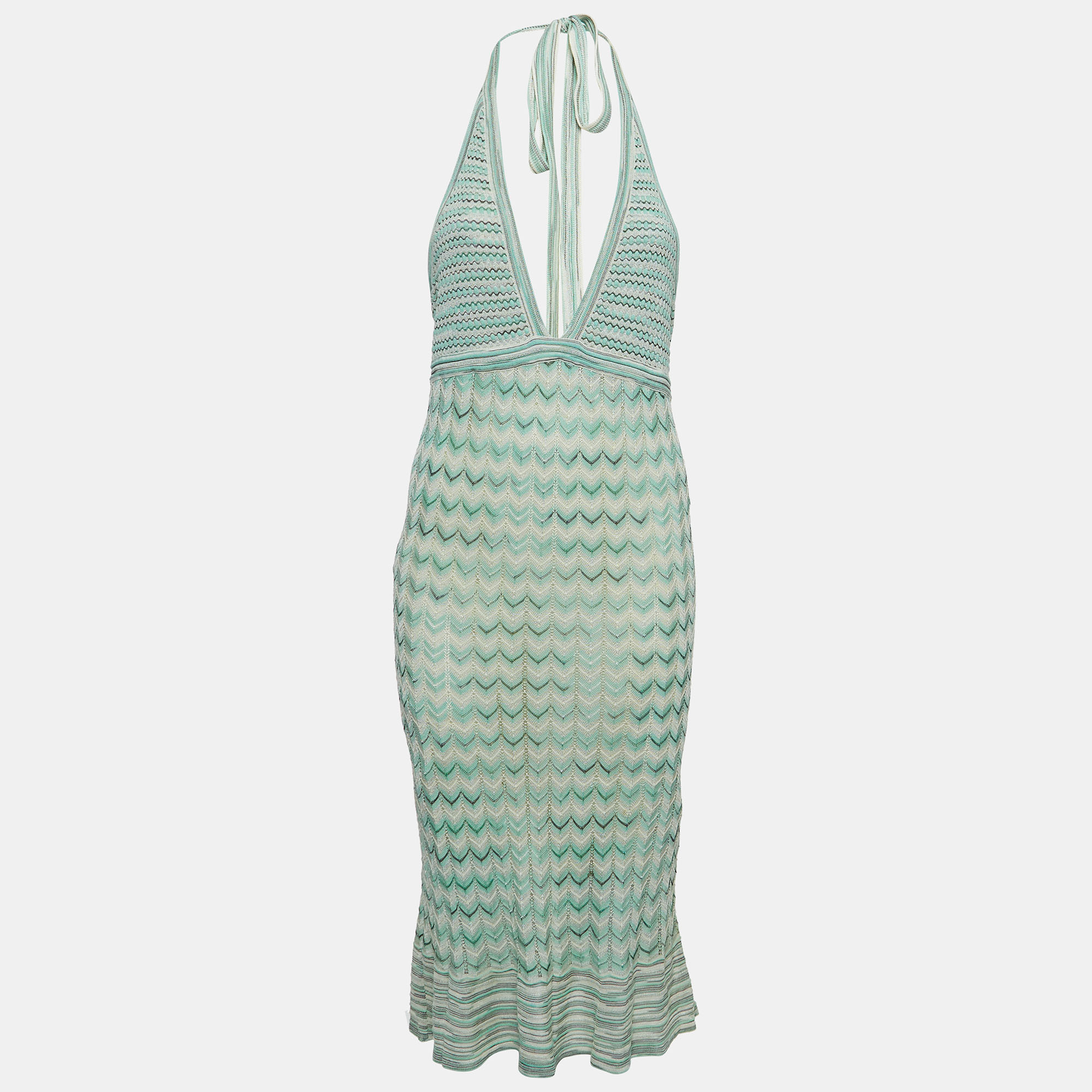 

M Missoni Green Chevron Pattern Knit Tie-Up Neck Midi Dress