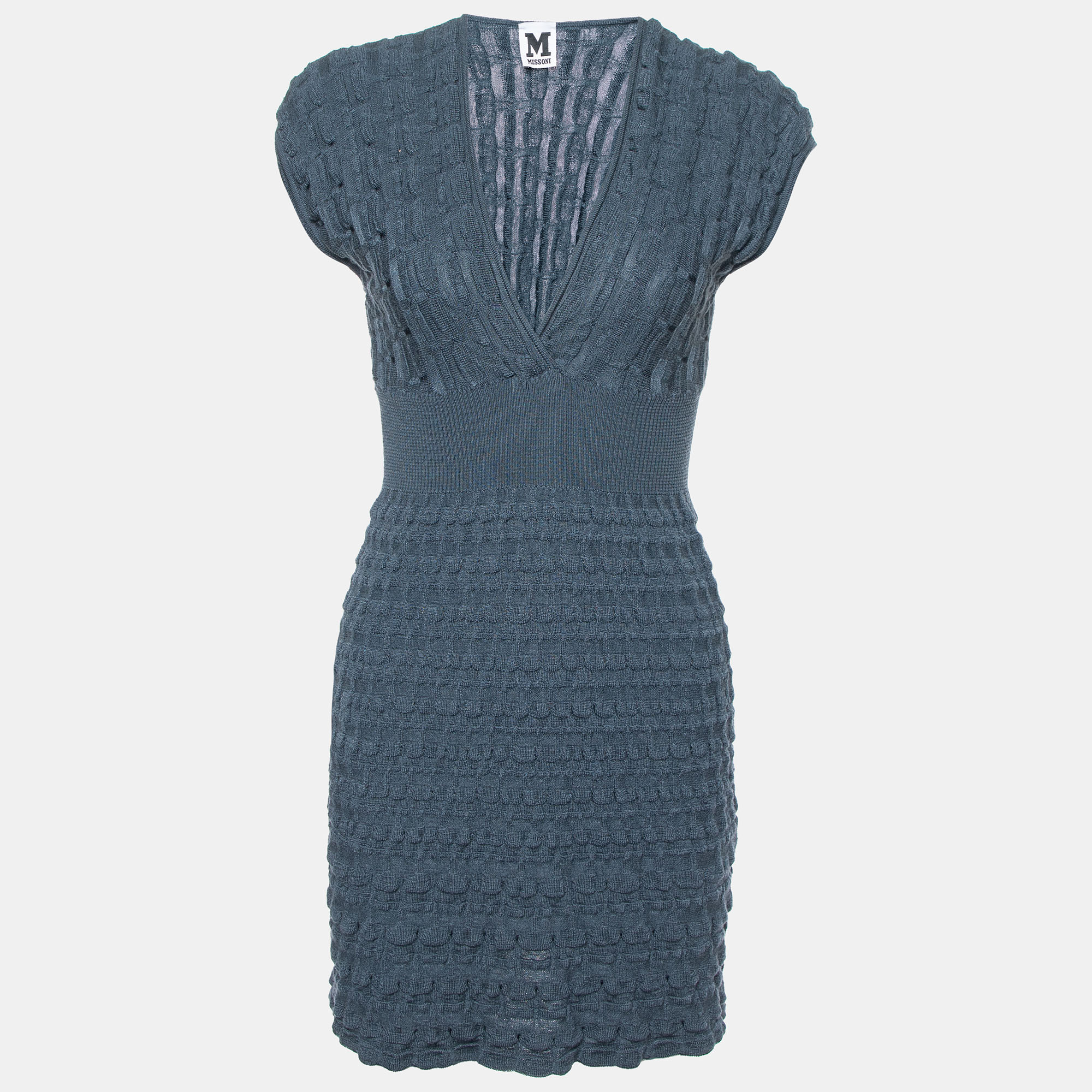 

M Missoni Slate Blue Wool Textured Knit V-Neck Dress M