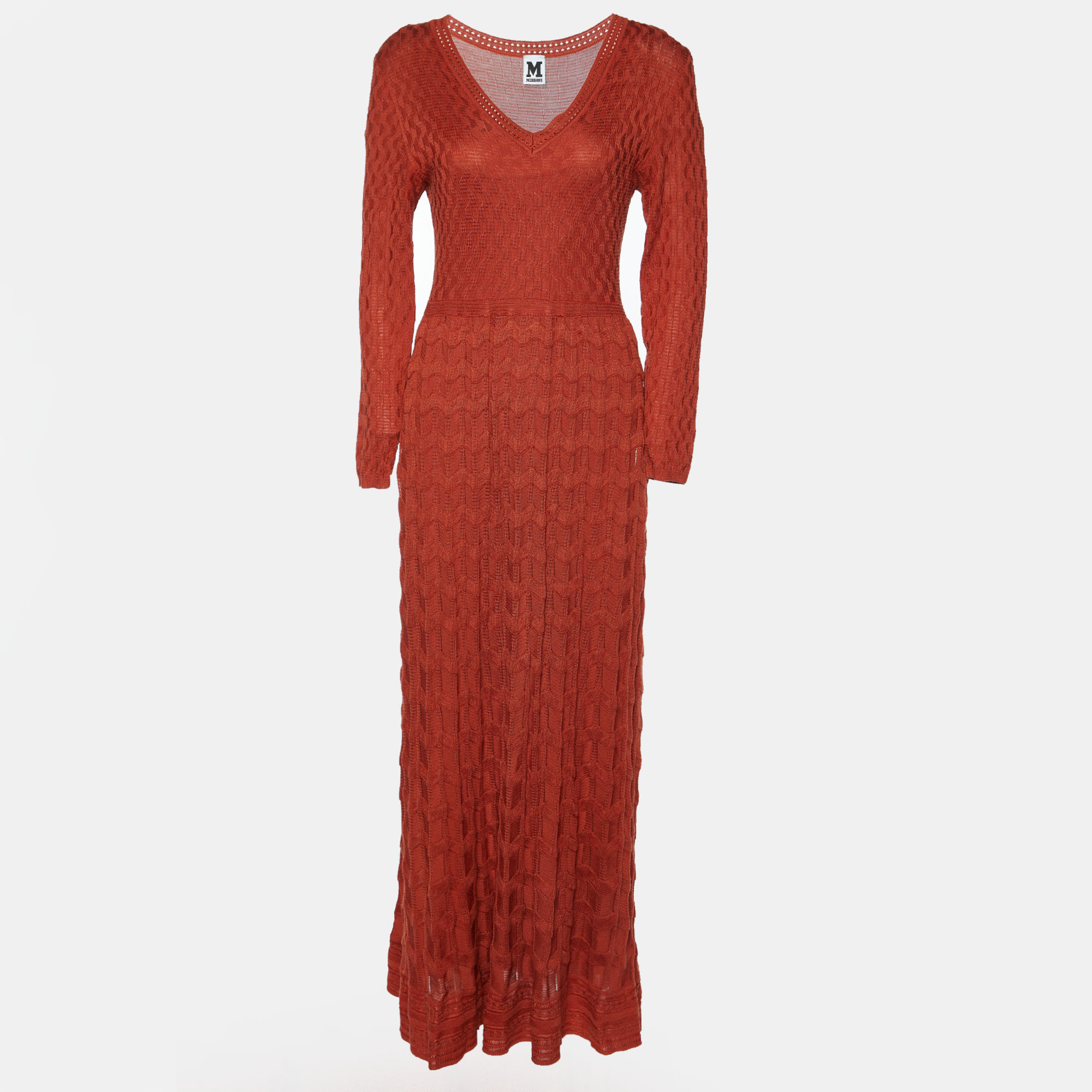 

M Missoni Brick Red Textured Knit Long Sleeve Maxi Dress