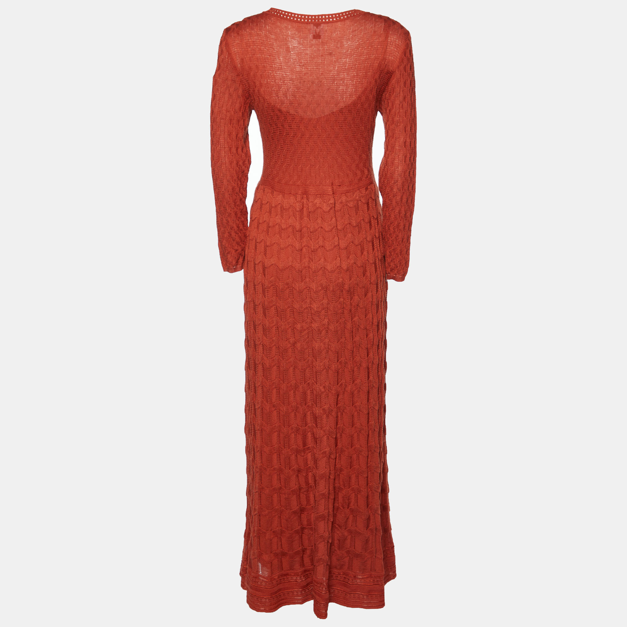 

M Missoni Brick Red Textured Knit Long Sleeve Maxi Dress