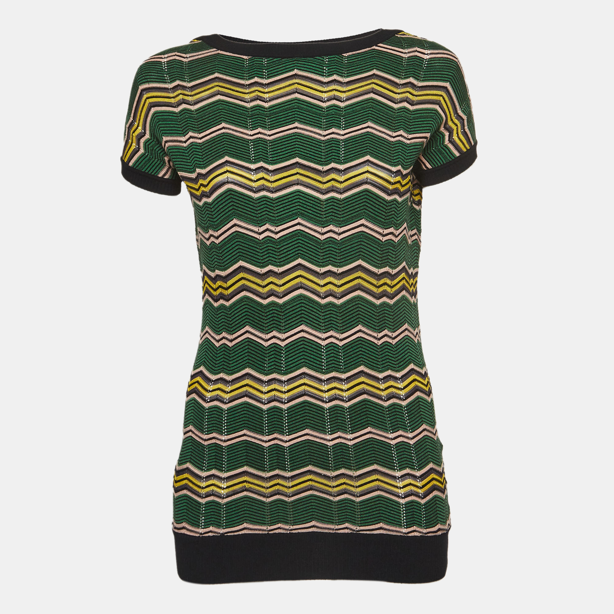 Pre-owned M Missoni Green Chevron Knit Short Sleeve Top S