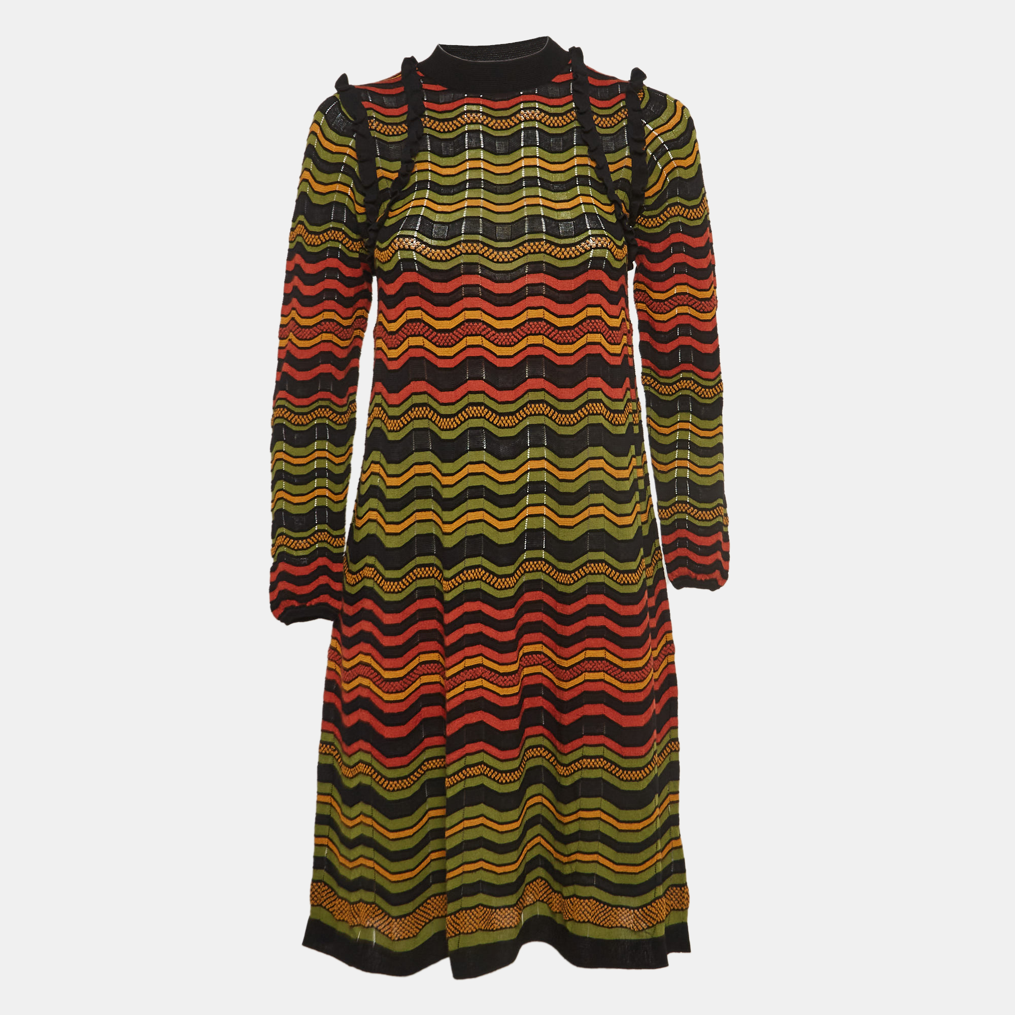 

M Missoni Multicolor Chevron Perforated Knit Ruffle Detail Midi Dress