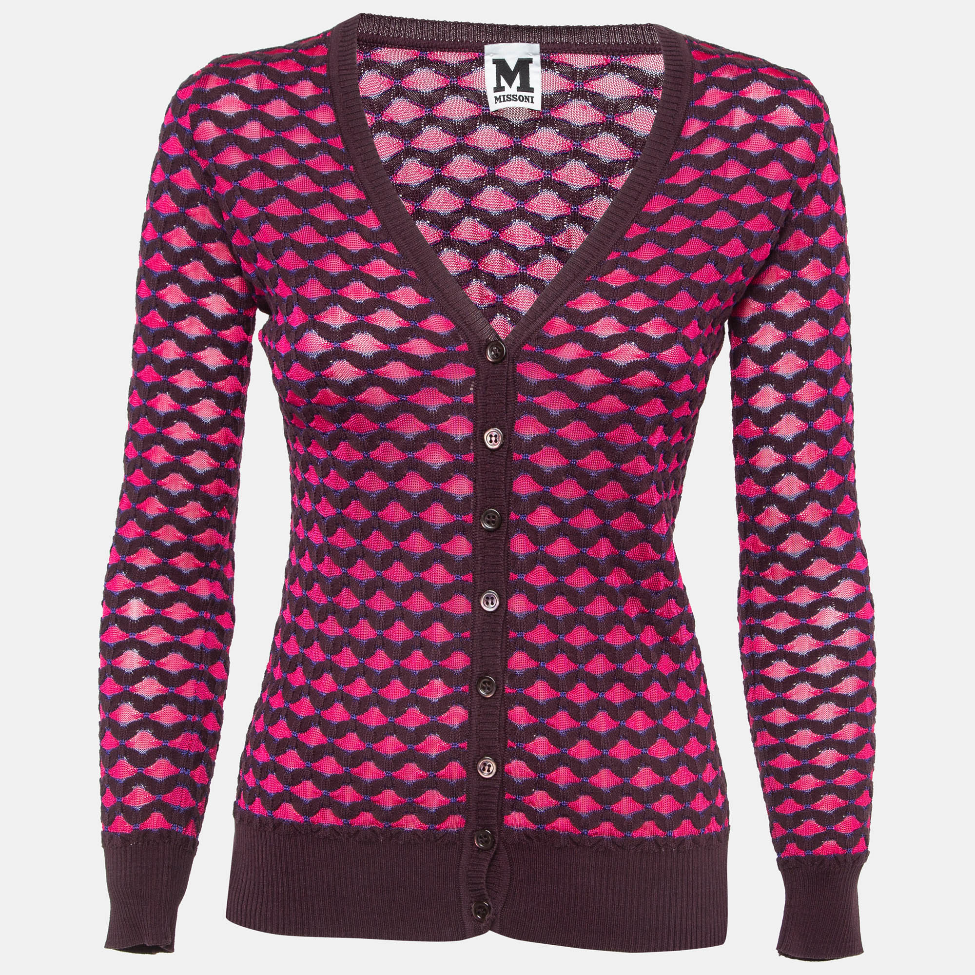 

M Missoni Pink Chevron Pattern Knitted Buttoned Cardigan