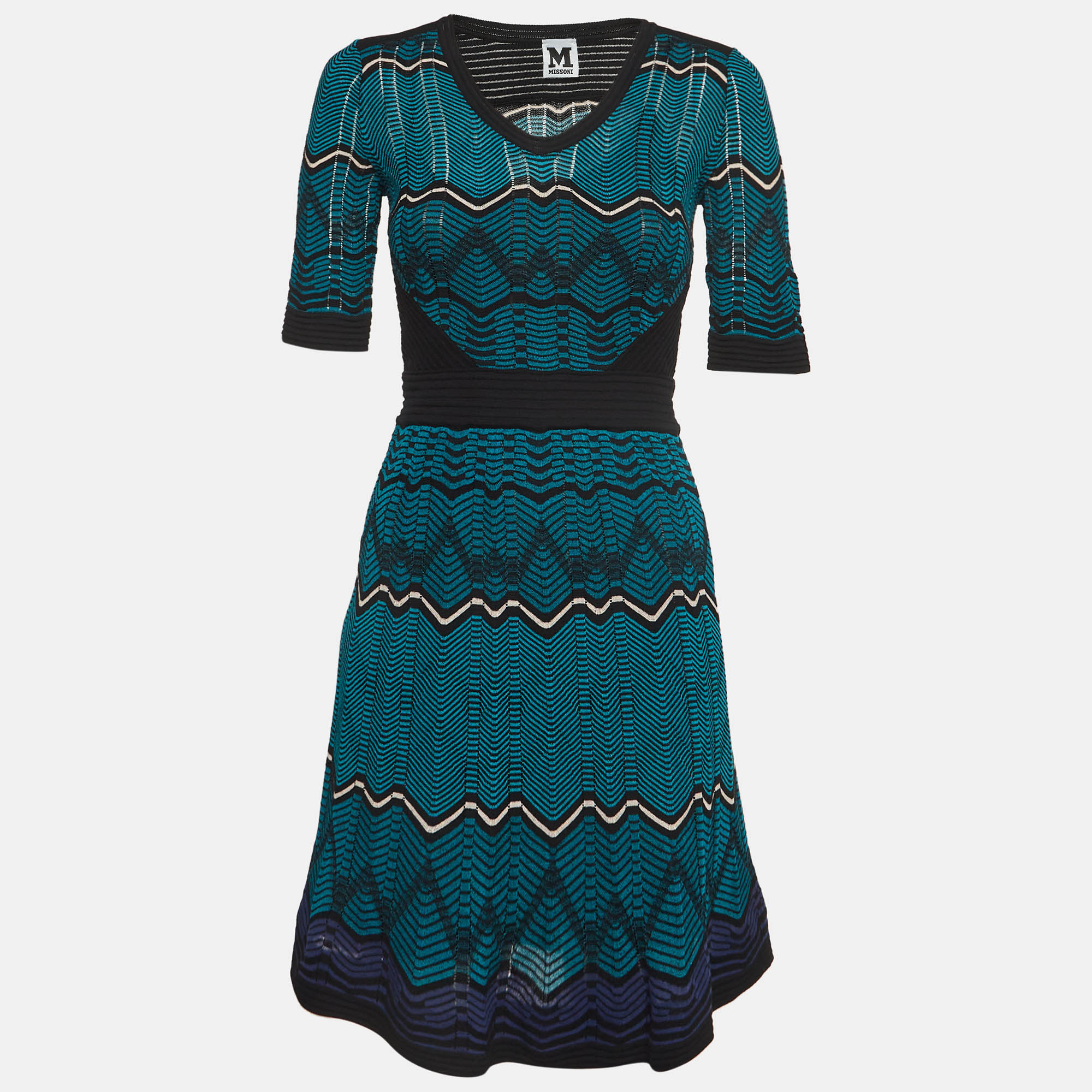 

M Missoni Blue/Black Chevron Knit V-Neck Flared Mini Dress