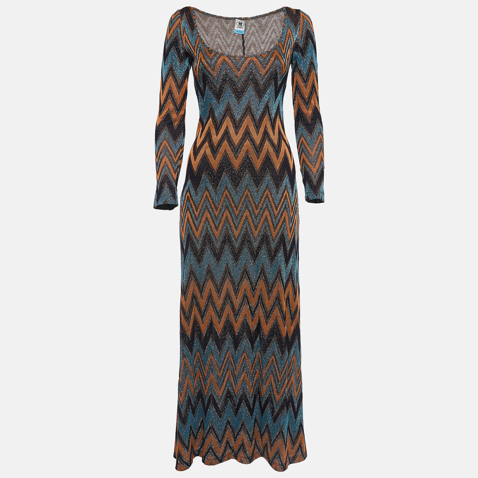 

M Missoni Blue & Orange Chevron Patterned Lurex Knit Maxi Dress M