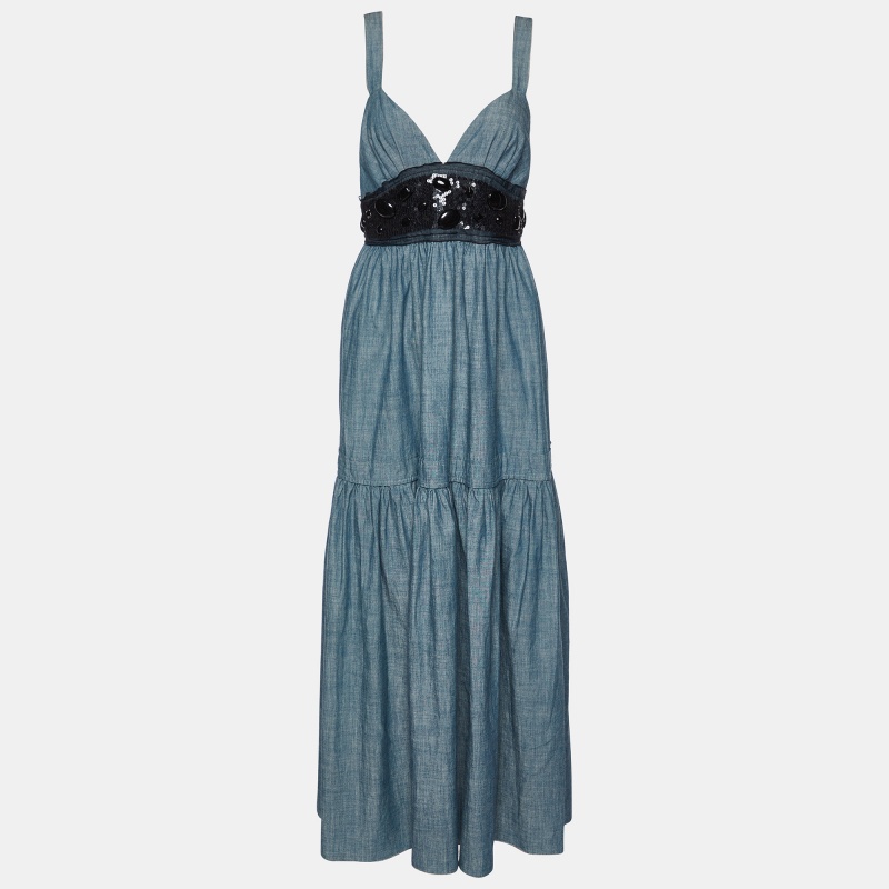 Pre-owned M Missoni Blue Sequin And Pebble Print Cotton Maxi Dress M