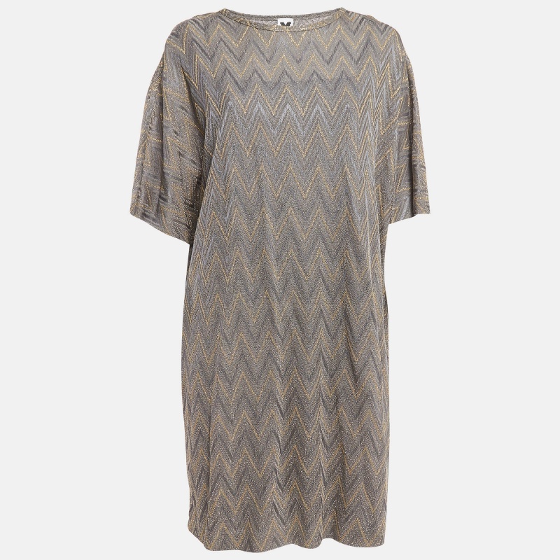 

Missoni Grey & Gold Chevron Pattern Lurex Knit Short Dress S