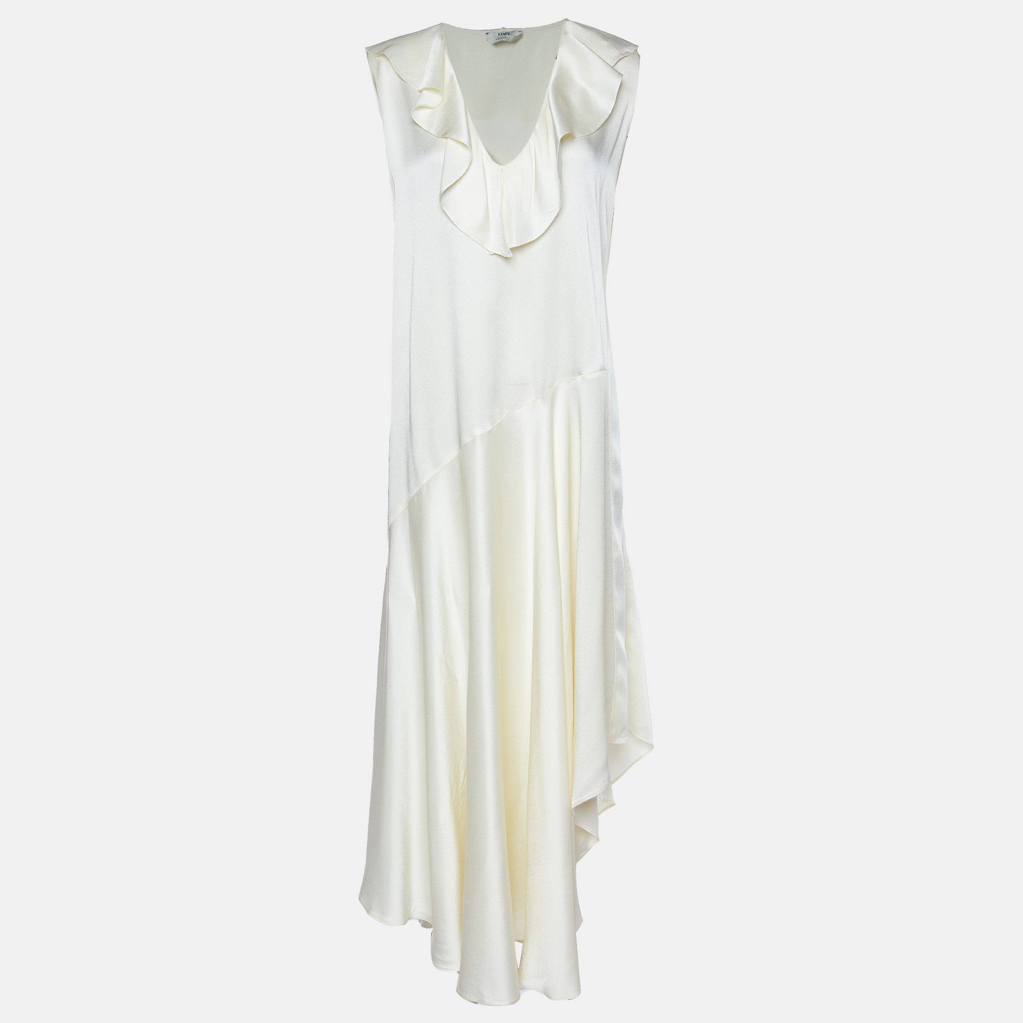 

Fendi Cream Satin Ruffled Sleeveless Maxi Dress S
