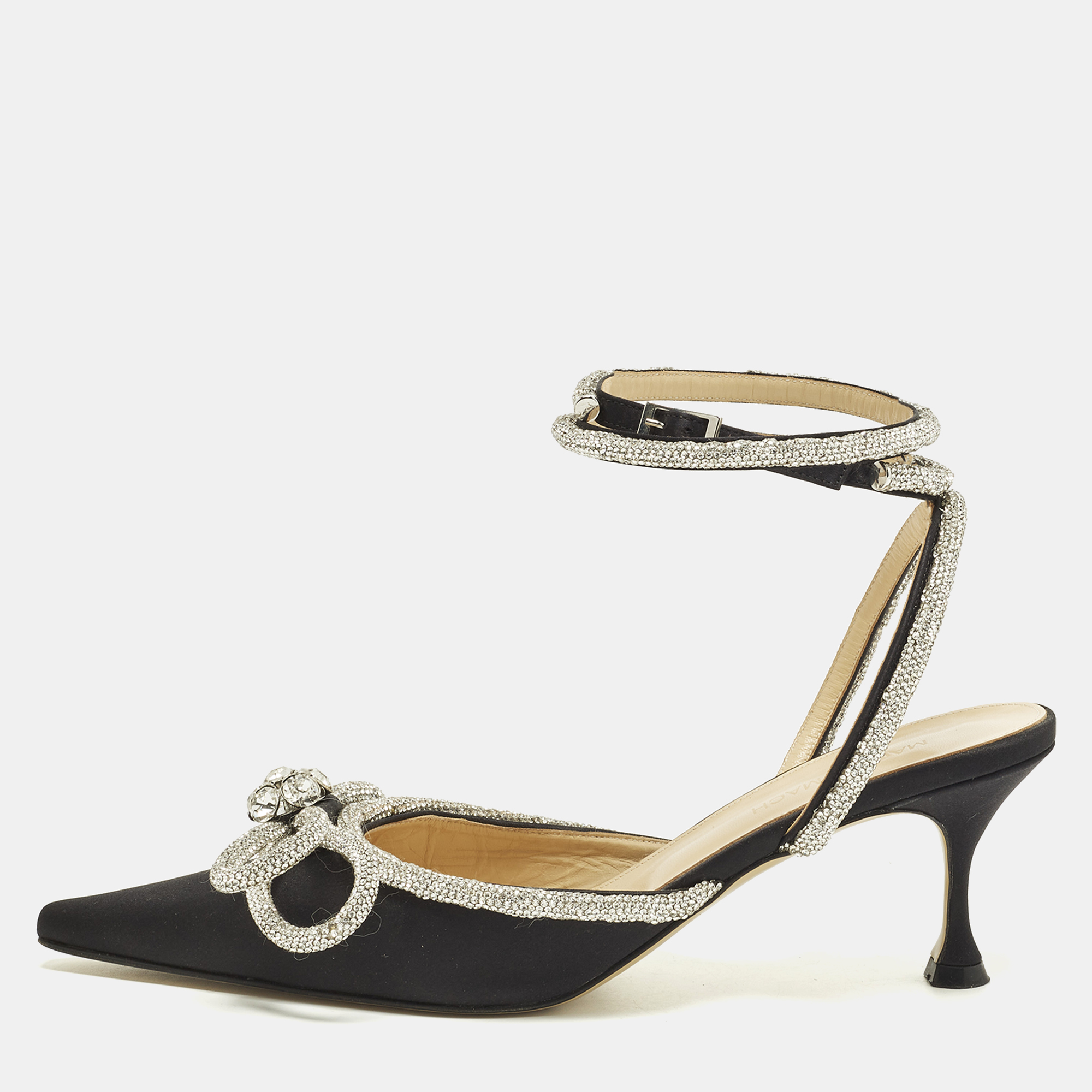 

Mach & Mach Double Bow Size  Black Satin Crystal Embellished Ankle Strap Pumps