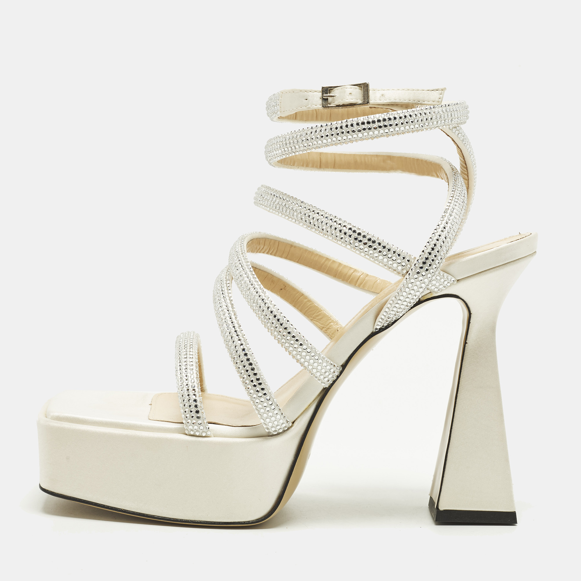 Pre-owned Mach&mach Sydney Size 40 Cream/silver Satin Platform Ankle Strap Sandals In White