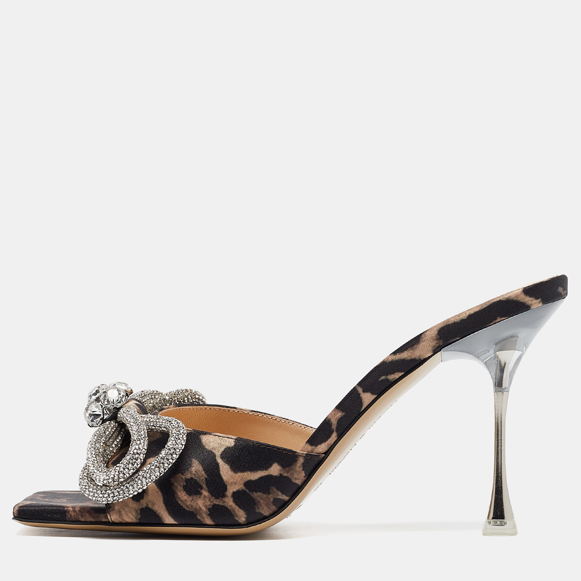 

Mach & Mach Brown/Black Leopard Print Satin Crystal Embellished Double Bow Slide Sandals Size