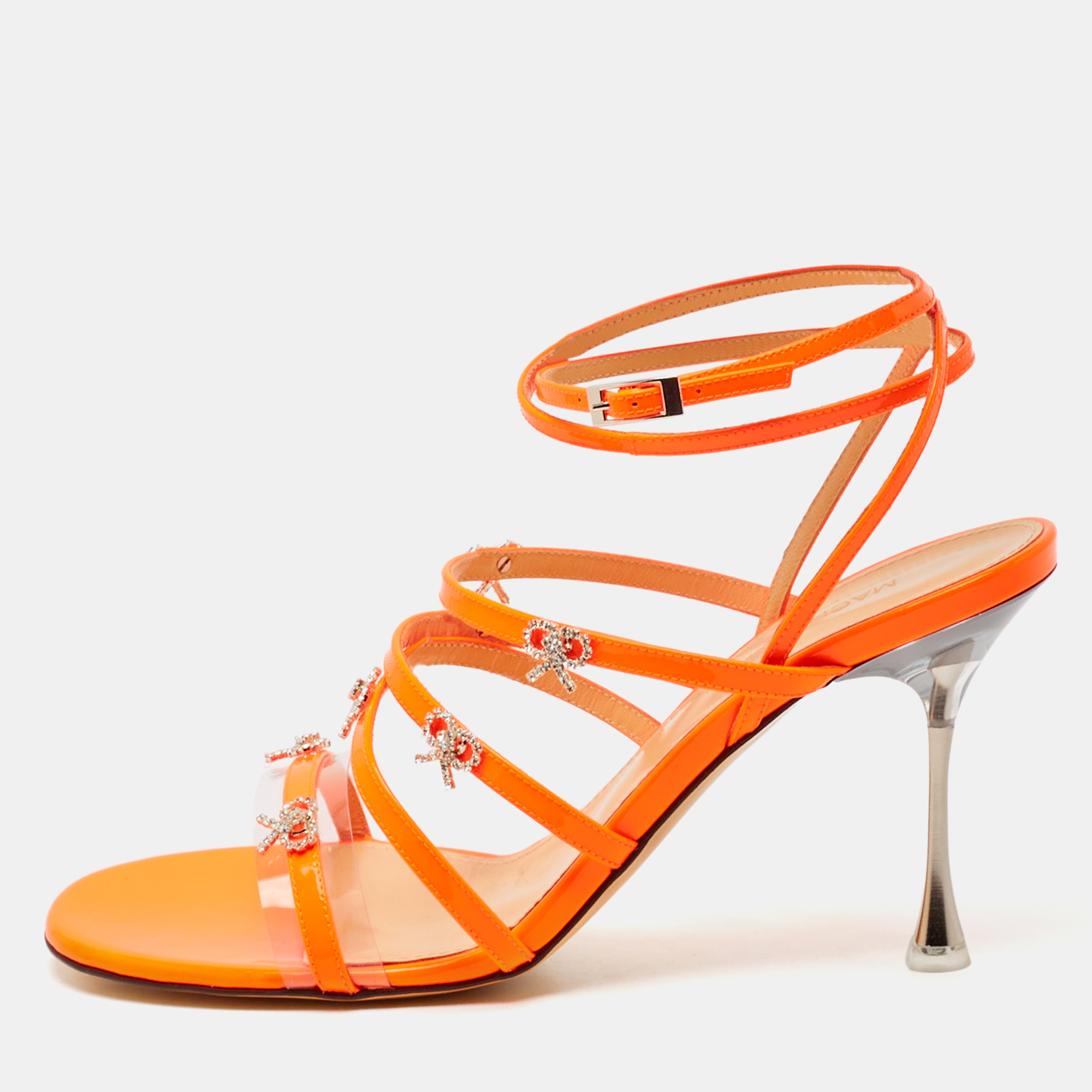 Pre-owned Mach & Mach Neon Orange Patent Leather Crystal Bow Camille Sandals Size 39