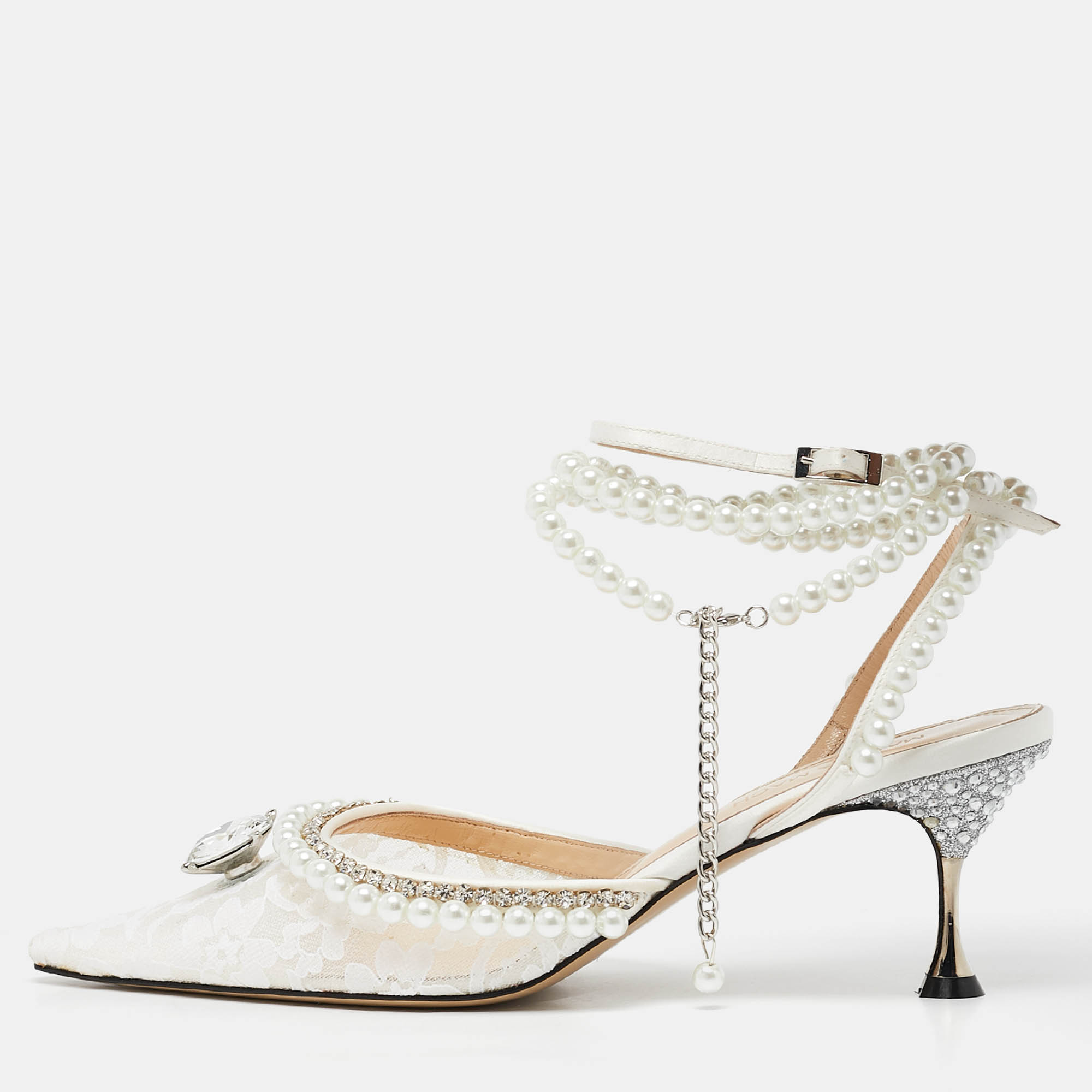 

Mach & Mach White Lace Diamond of Elizabeth Ankle Wrap Pumps Size