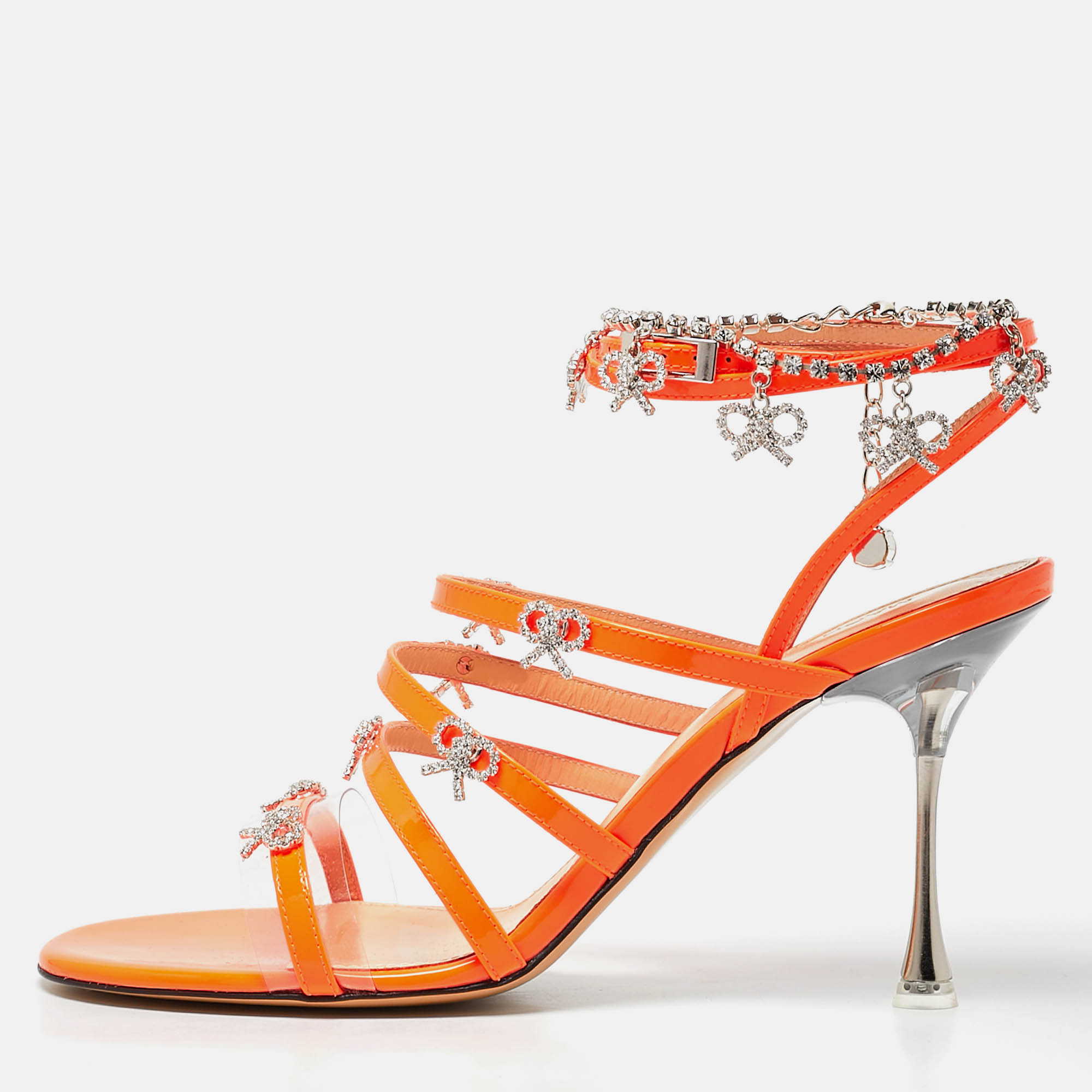 

Mach & Mach Neon Orange Patent Leather Crystal Bow Camille Sandals Size