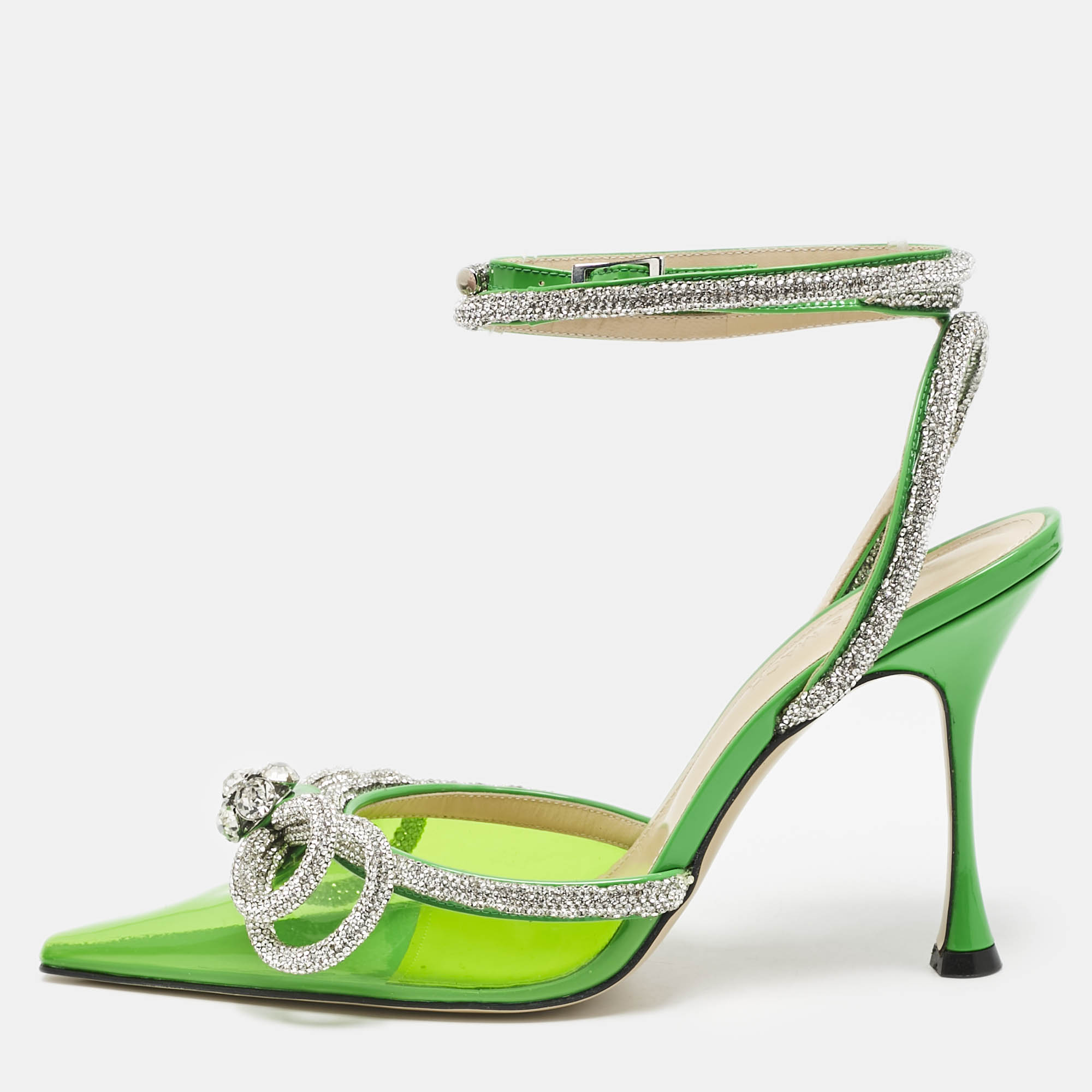 

Mach & Mach Green PVC Crystal Embellished Double Bow Pumps Size