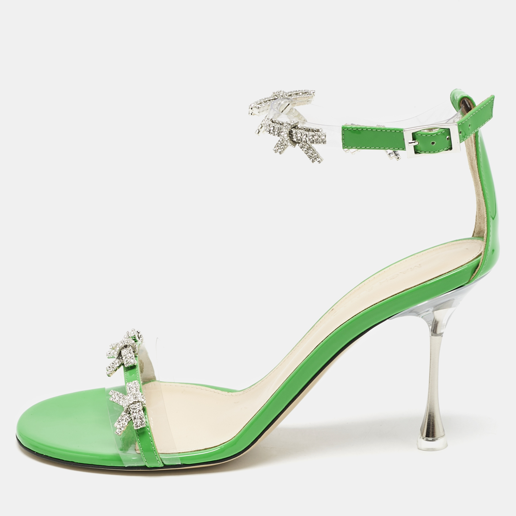 

Mach & Mach Green Patent Leather and PVC Floating Crystal Bow Sandals Size