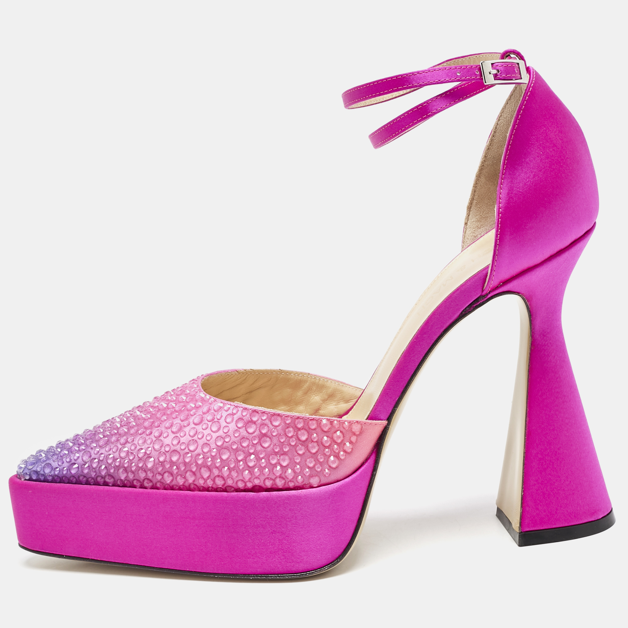 

Mach & Mach Pink Satin Galaxy Crystalized Platform Pumps Size