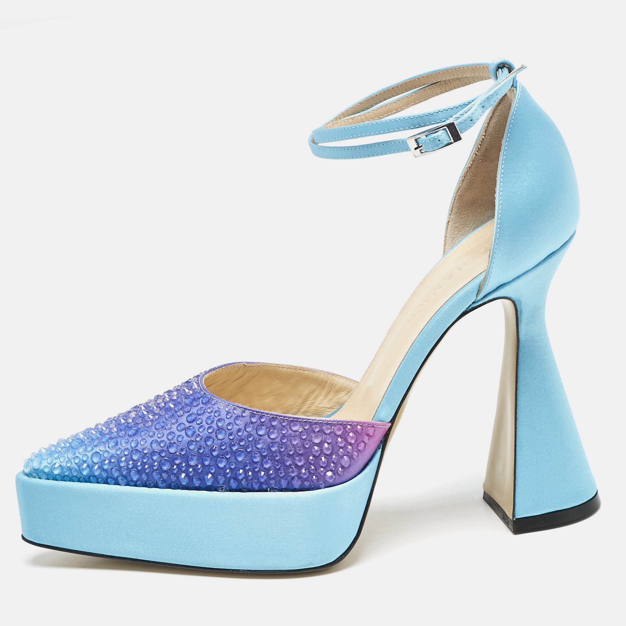 

Mach & Mach Blue Satin Galaxy Crystalized Platform Pumps Size