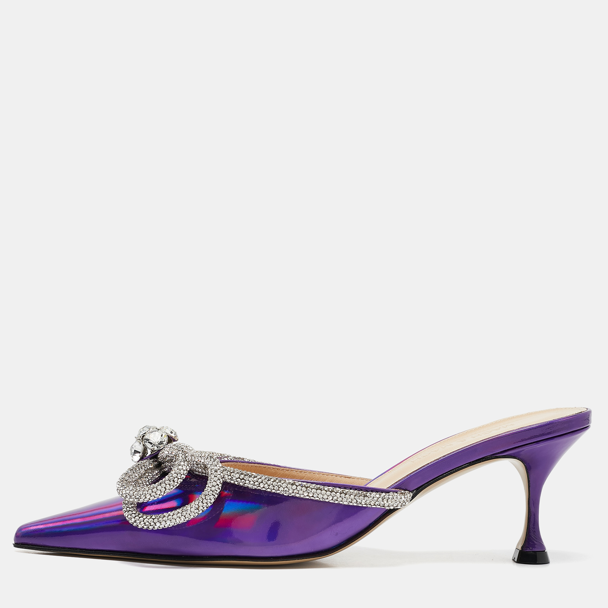 

Mach & Mach Purple Iridescent Leather Crystal Embellished Double Bow Mules Size