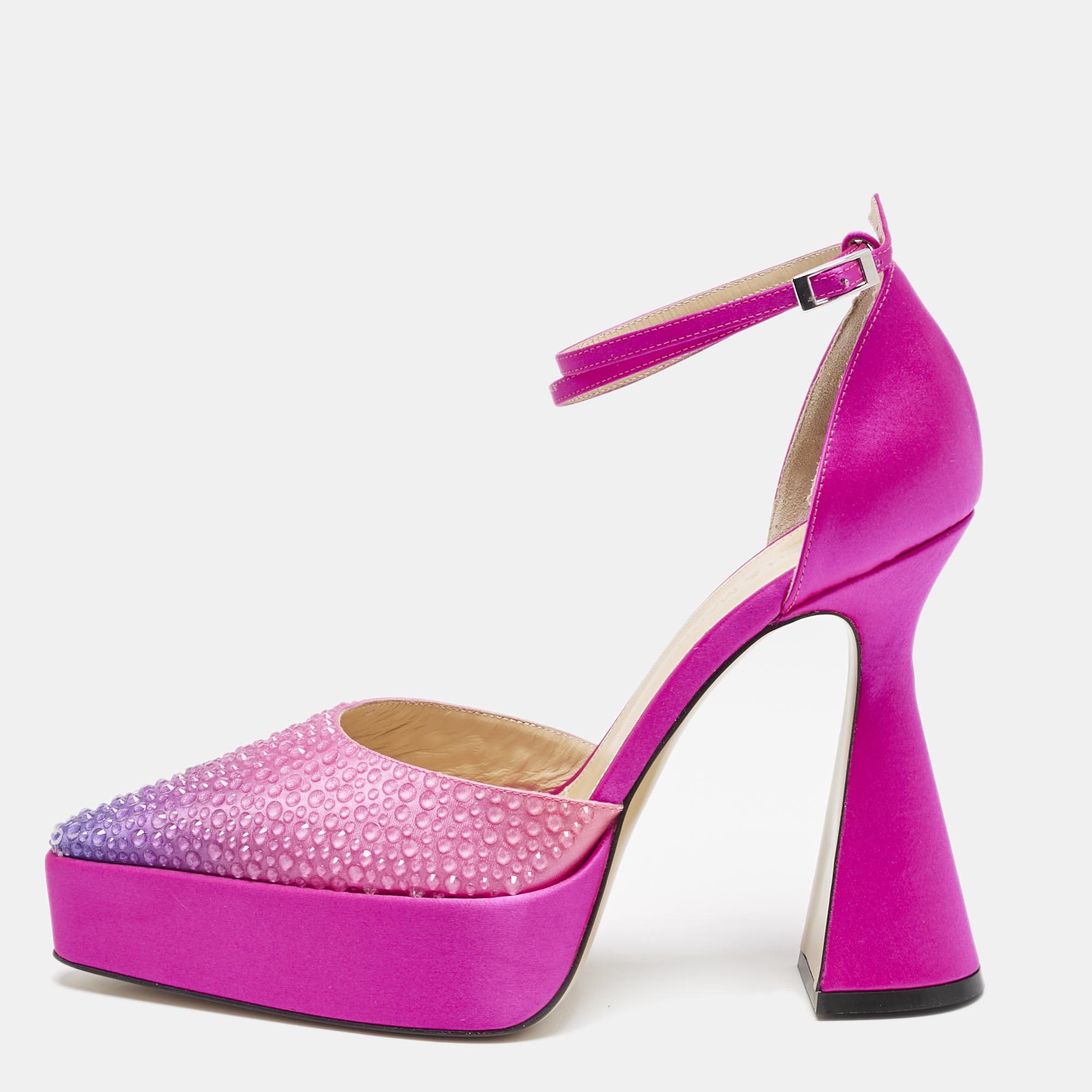 

Mach & Mach Pink Satin Galaxy Crystalized Platform Pumps Size