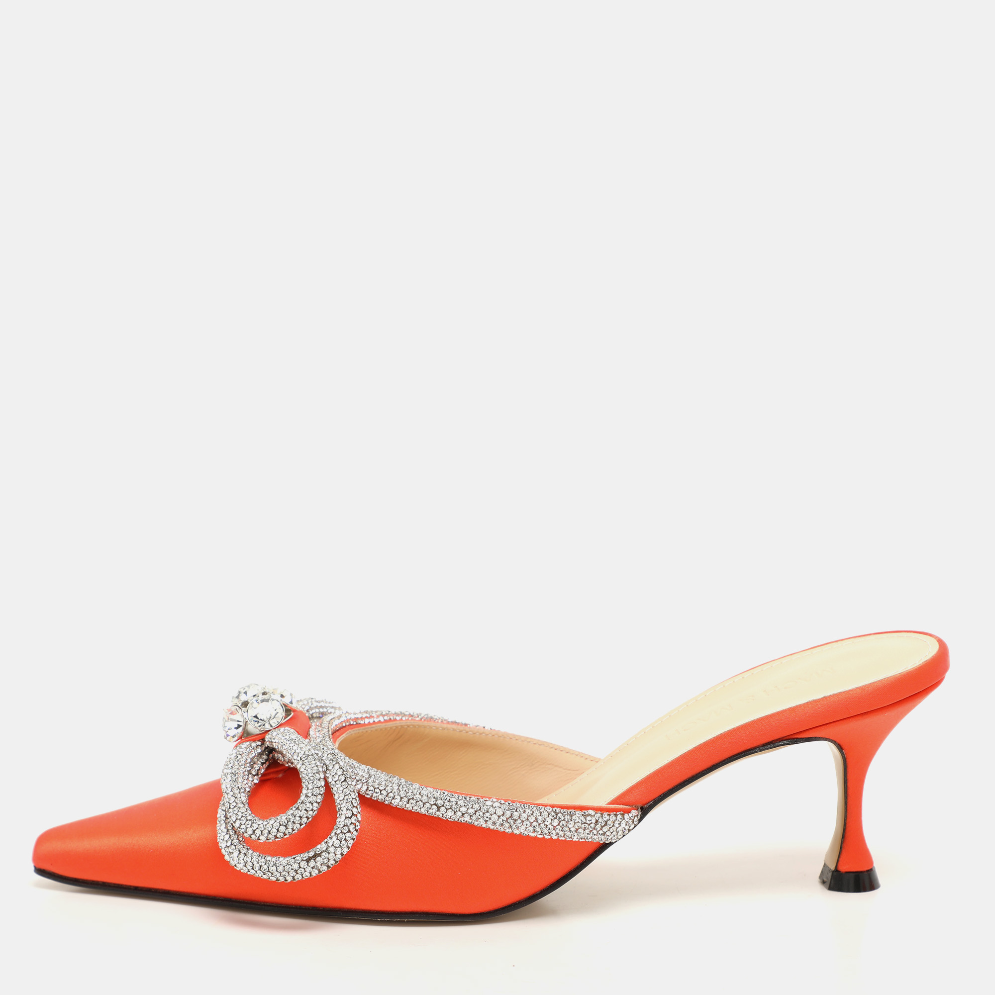 

Mach & Mach Orange Satin Crystal Embellished Double Bow Mules Size