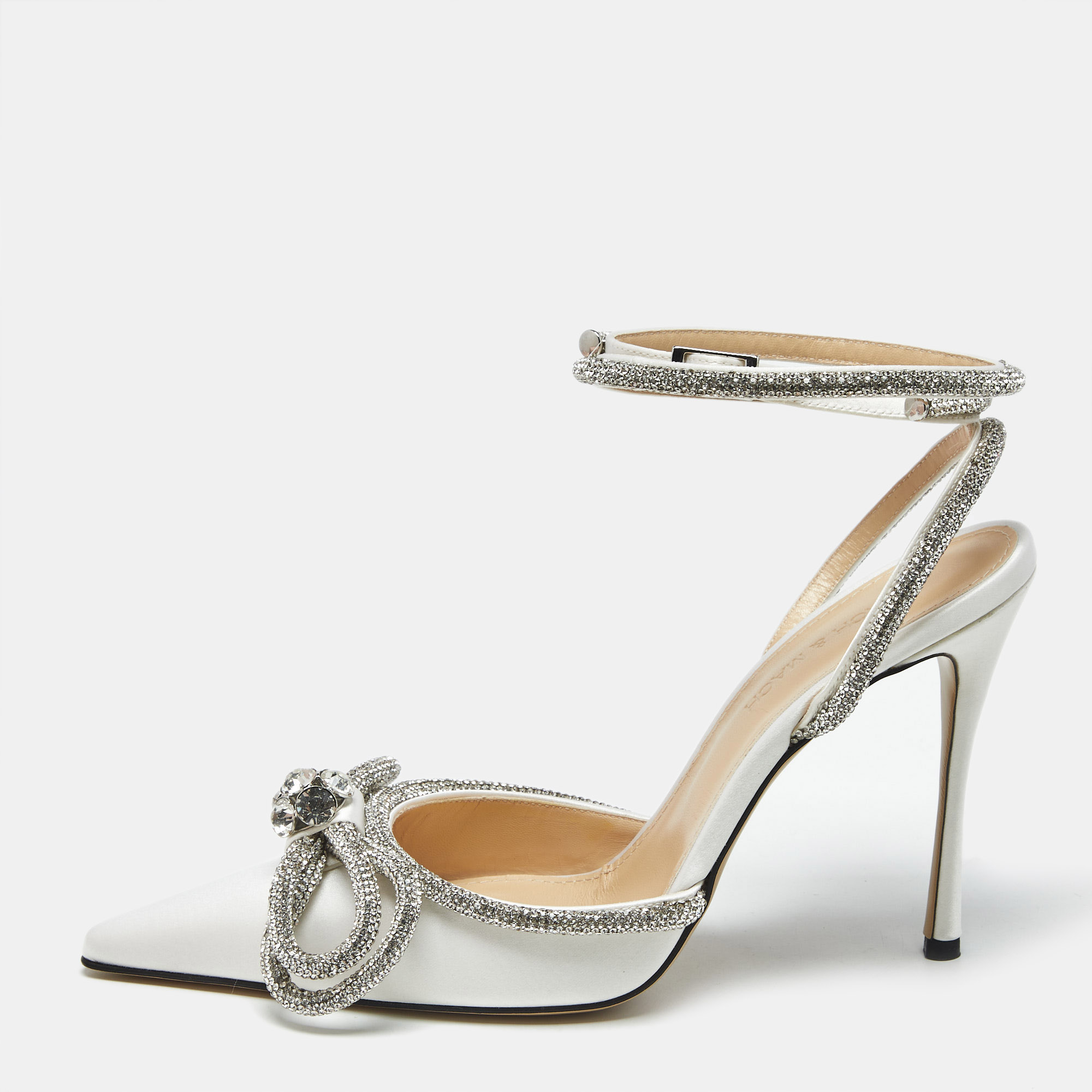

Mach & Mach White Satin Crystal Embellished Double Bow Pumps Size