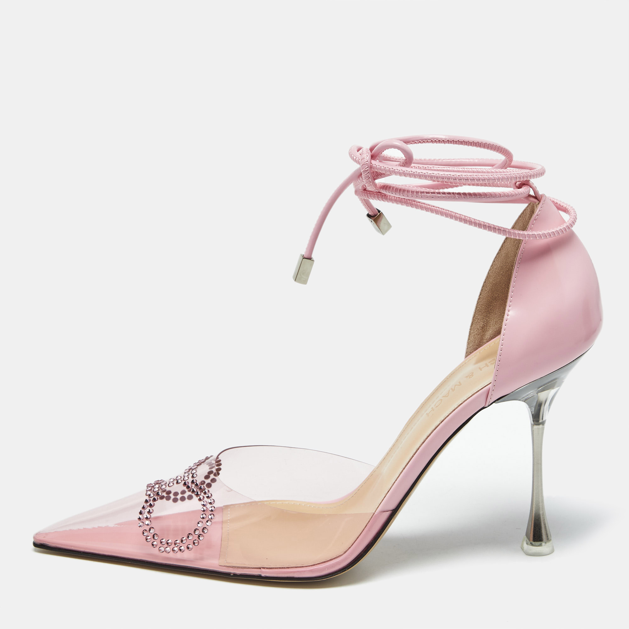 Pre-owned Mach&mach Pink Leather And Pvc Crystal Bow Ankle Strap Pumps Size 39