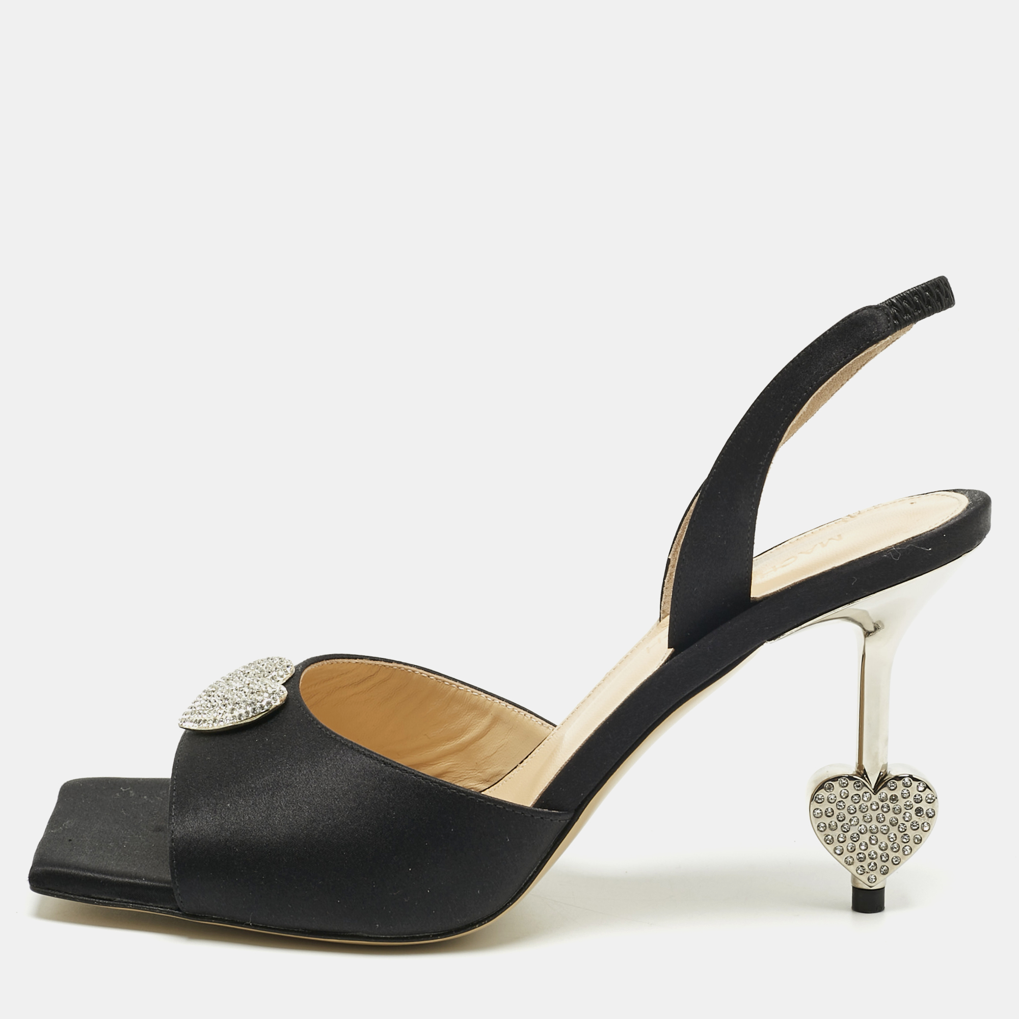 Pre-owned Mach&mach Black Satin Heart Crystal Slingback Sandals Size 38.5