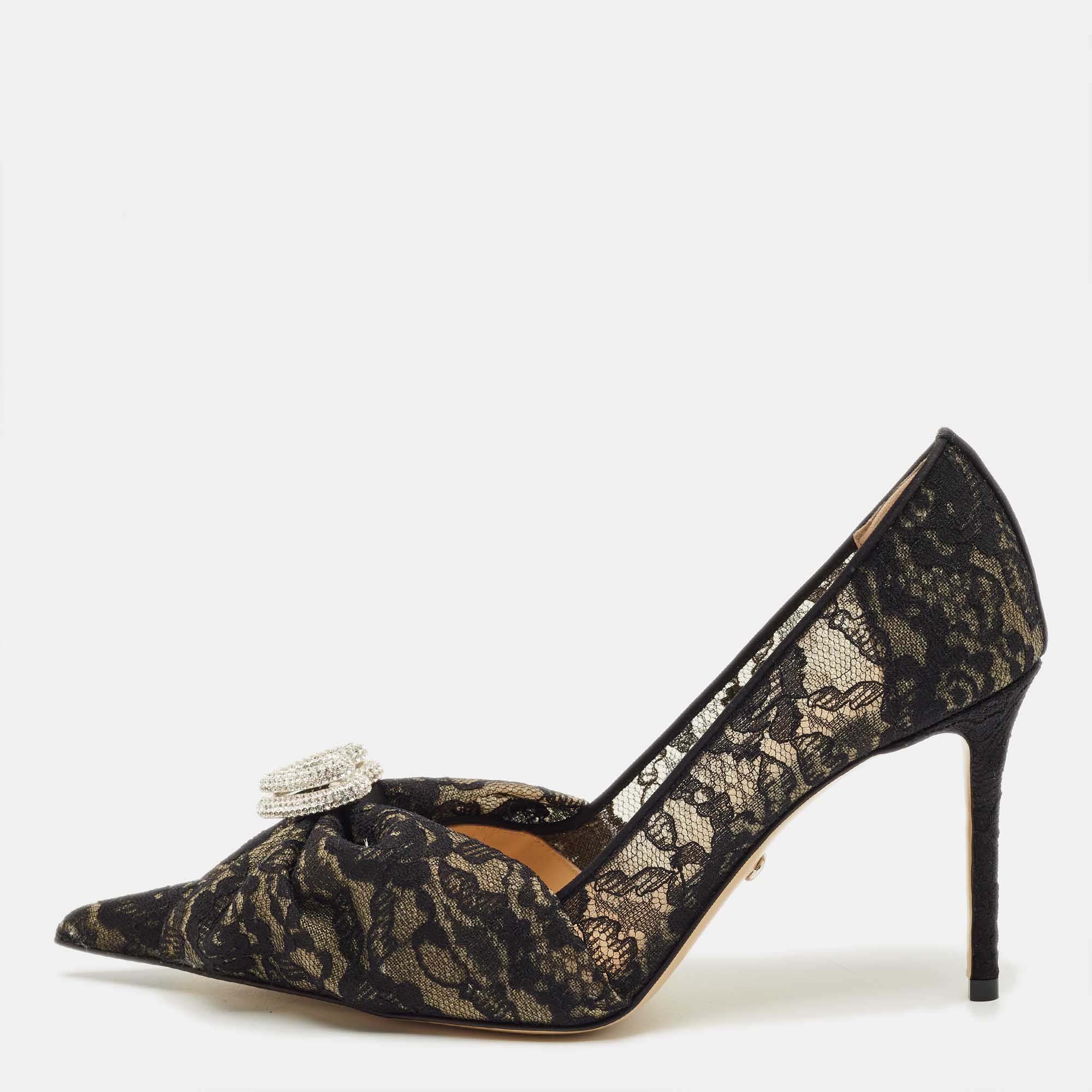Pre-owned Mach&mach Black Lace Draped Double Heart Pumps Size 38