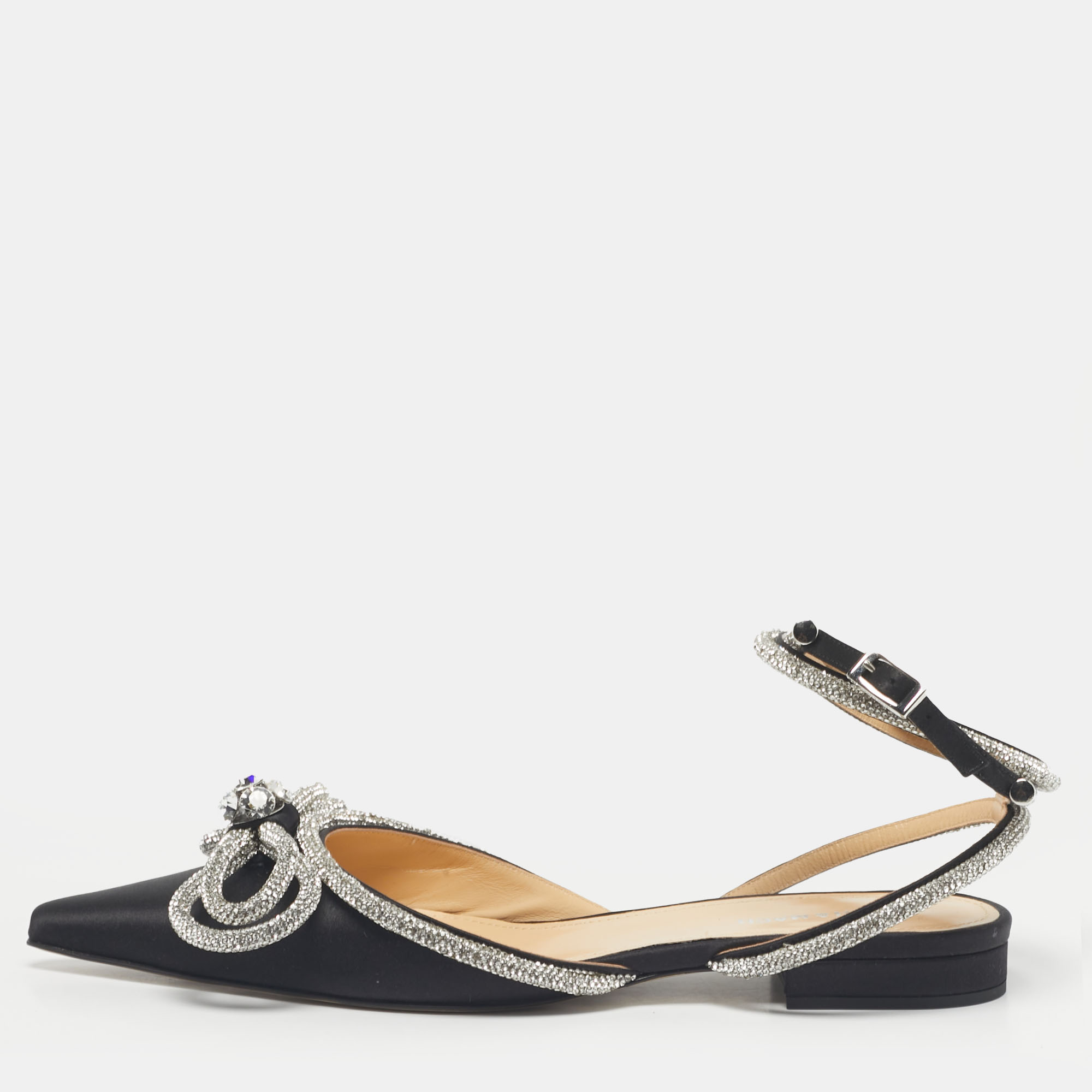 

Mach & Mach Black Satin Double Bow Crystal Embellished Ankle Wrap Flat Sandals Size