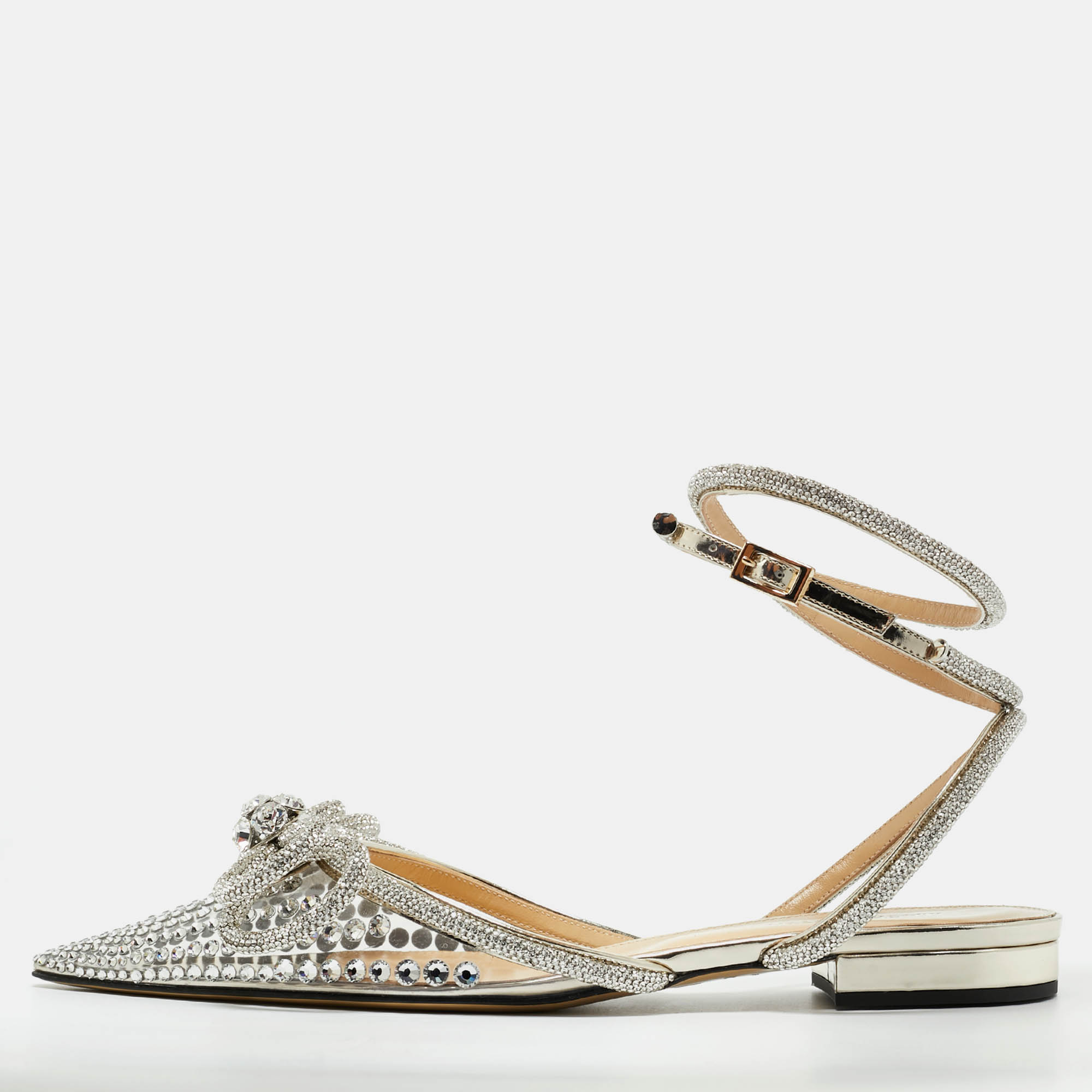 

Mach & Mach Transparent PVC Double Bow Crystal Embellished Ankle Wrap Flat Sandals Size