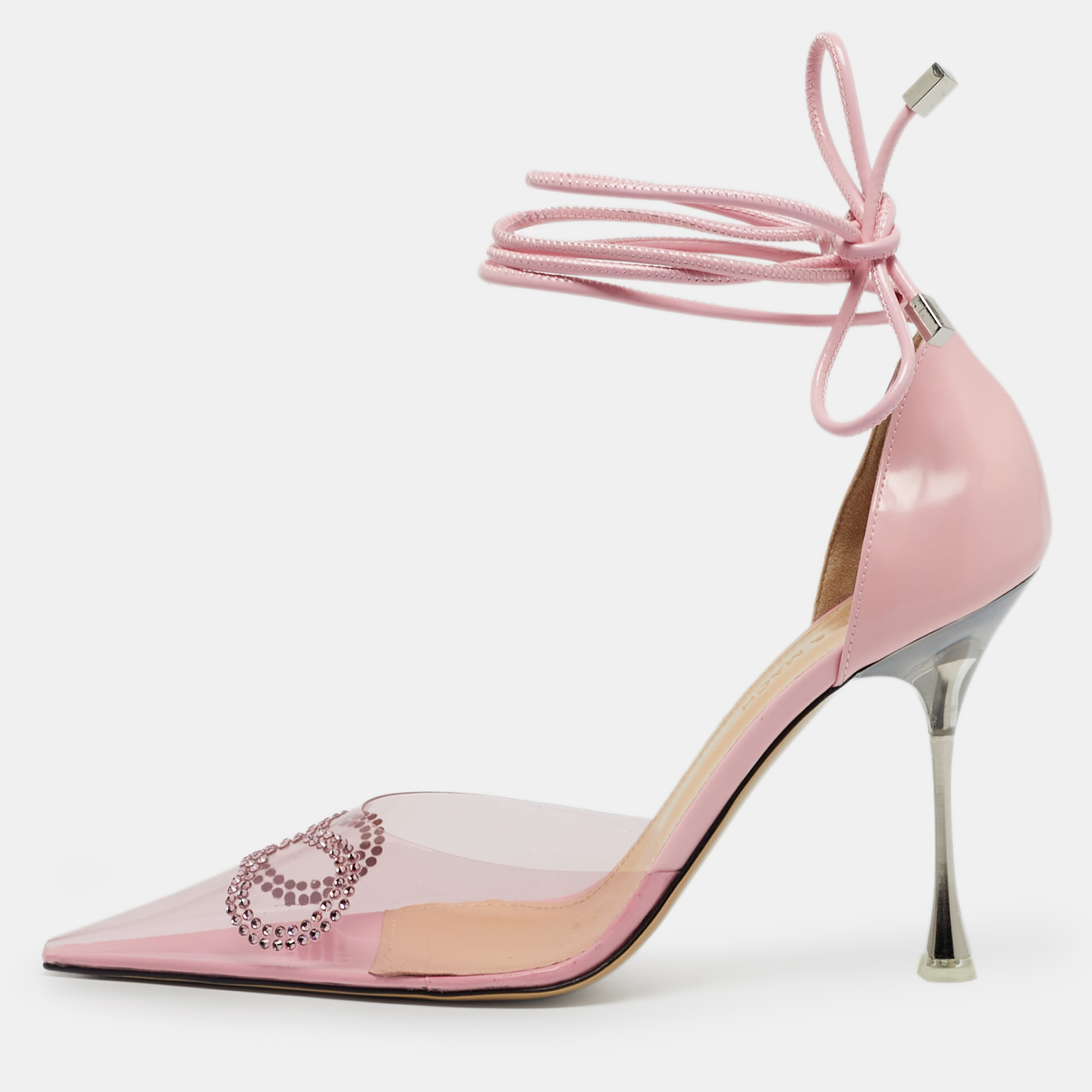 Pre-owned Mach&mach Pink Leather And Pvc Crystal Embellished Bow Ankle Wrap Sandals Size 39.5