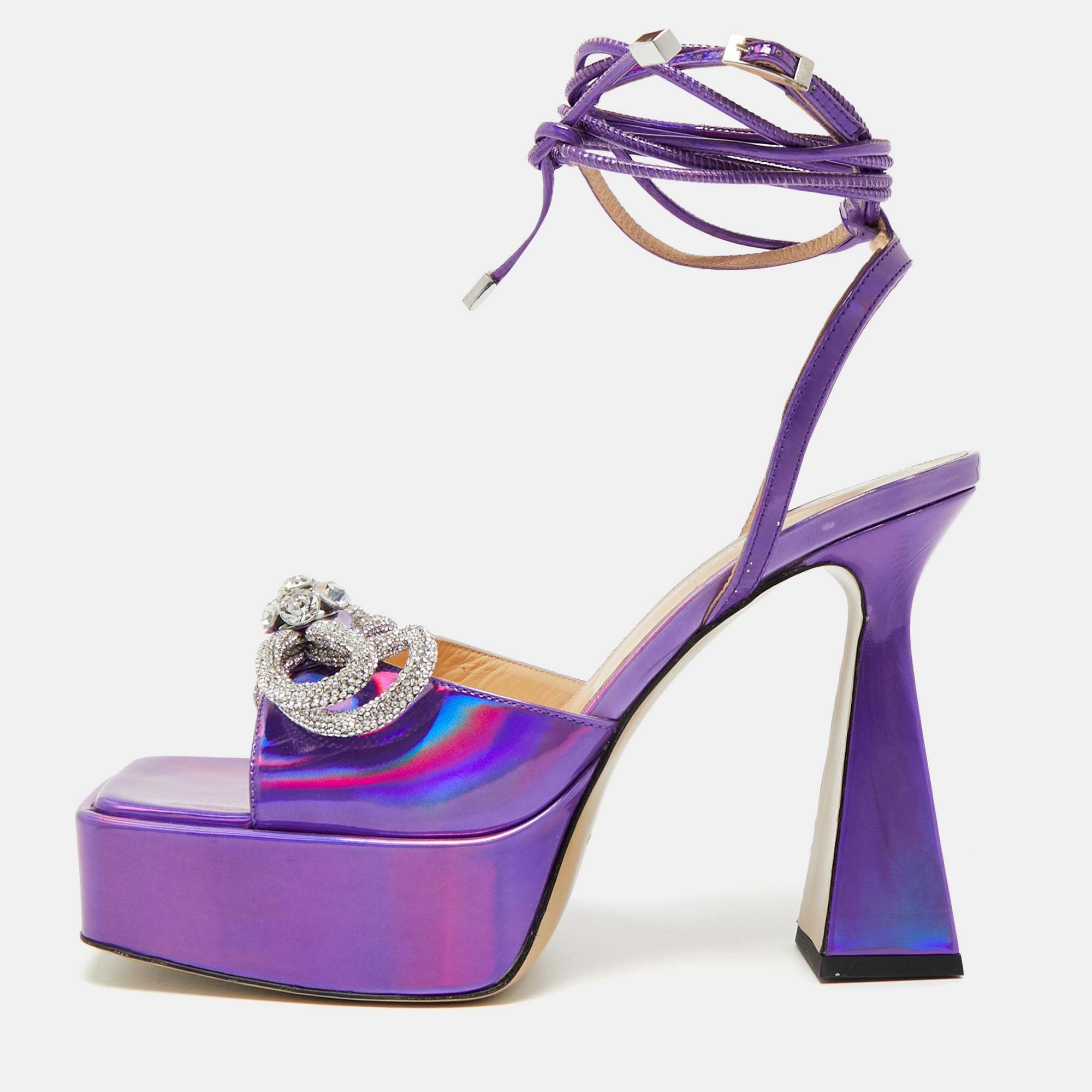 

Mach & Mach Purple Iridescent Leather Double Bow Platform Sandals Size