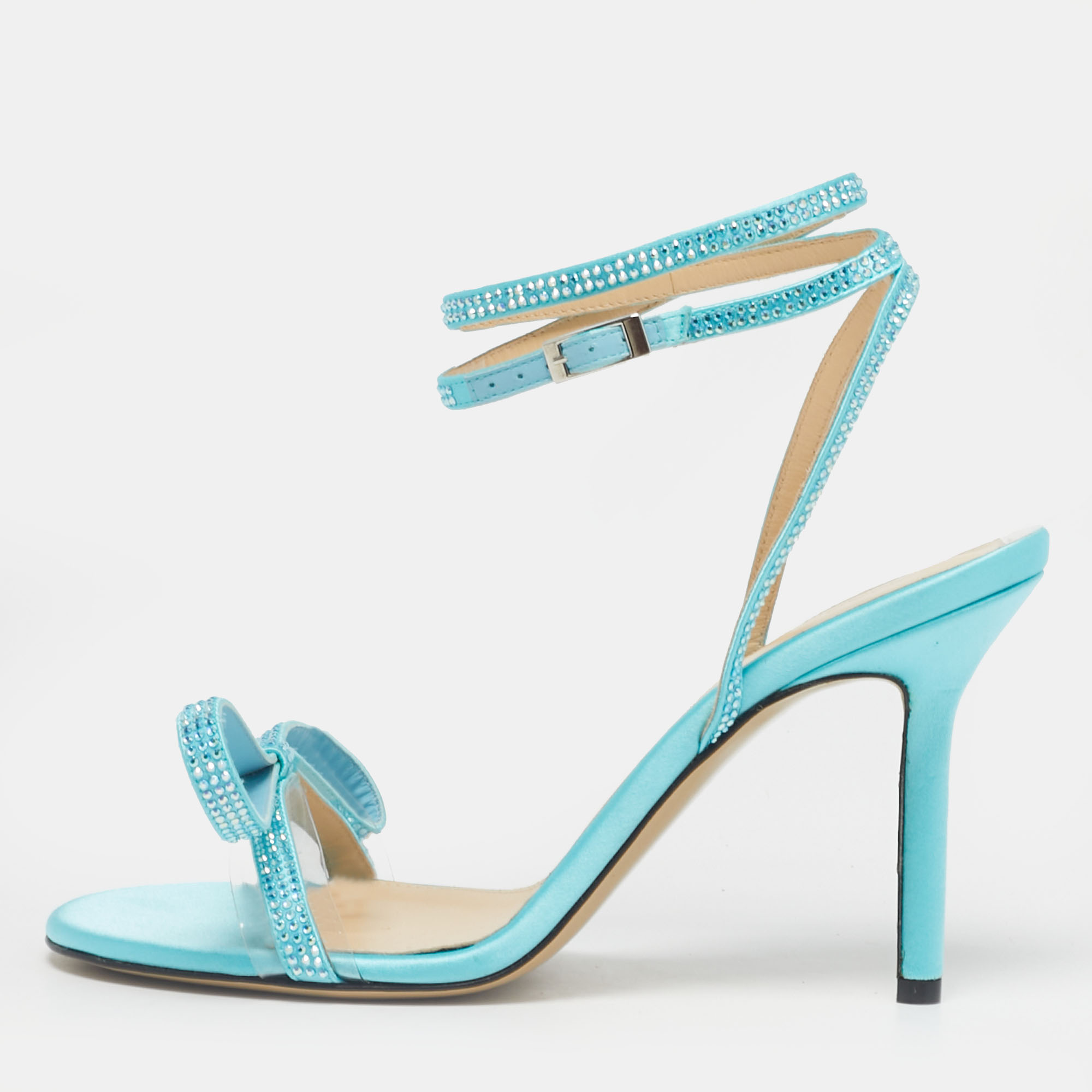 Pre-owned Mach&mach Blue Satin And Pvc French Bow Sandals Size 37.5