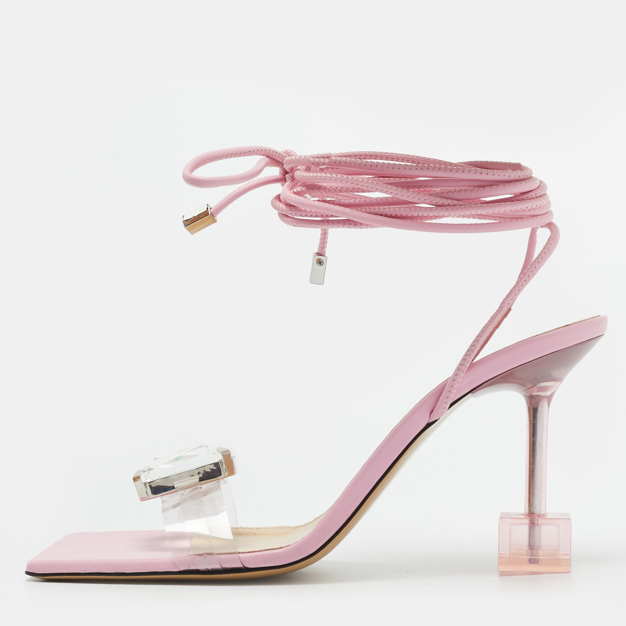 

Mach & Mach Size  Transparent/Pink Leather and PVC Crystal Square Ankle Wrap Sandals