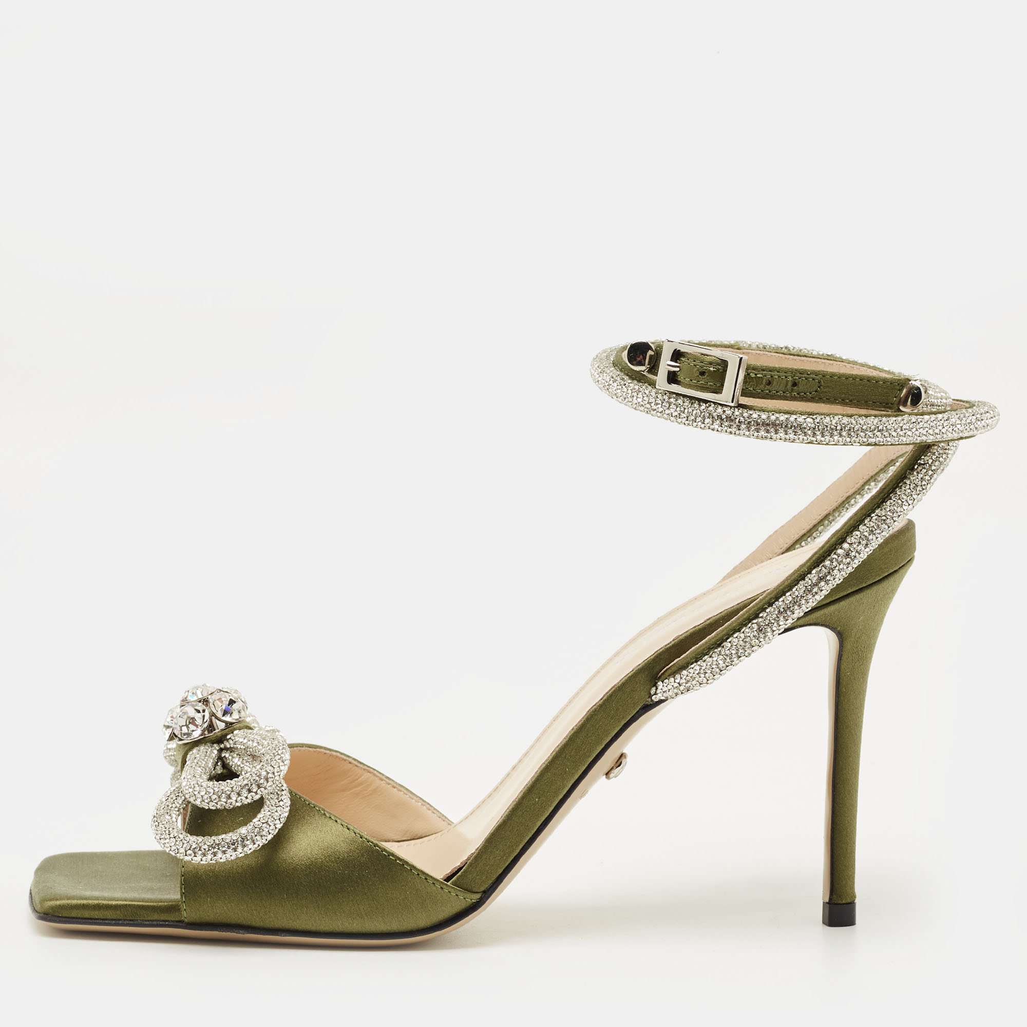 Pre-owned Mach&mach Double Bow Size 39 Khaki Satin Ankle Strap Sandals In Green