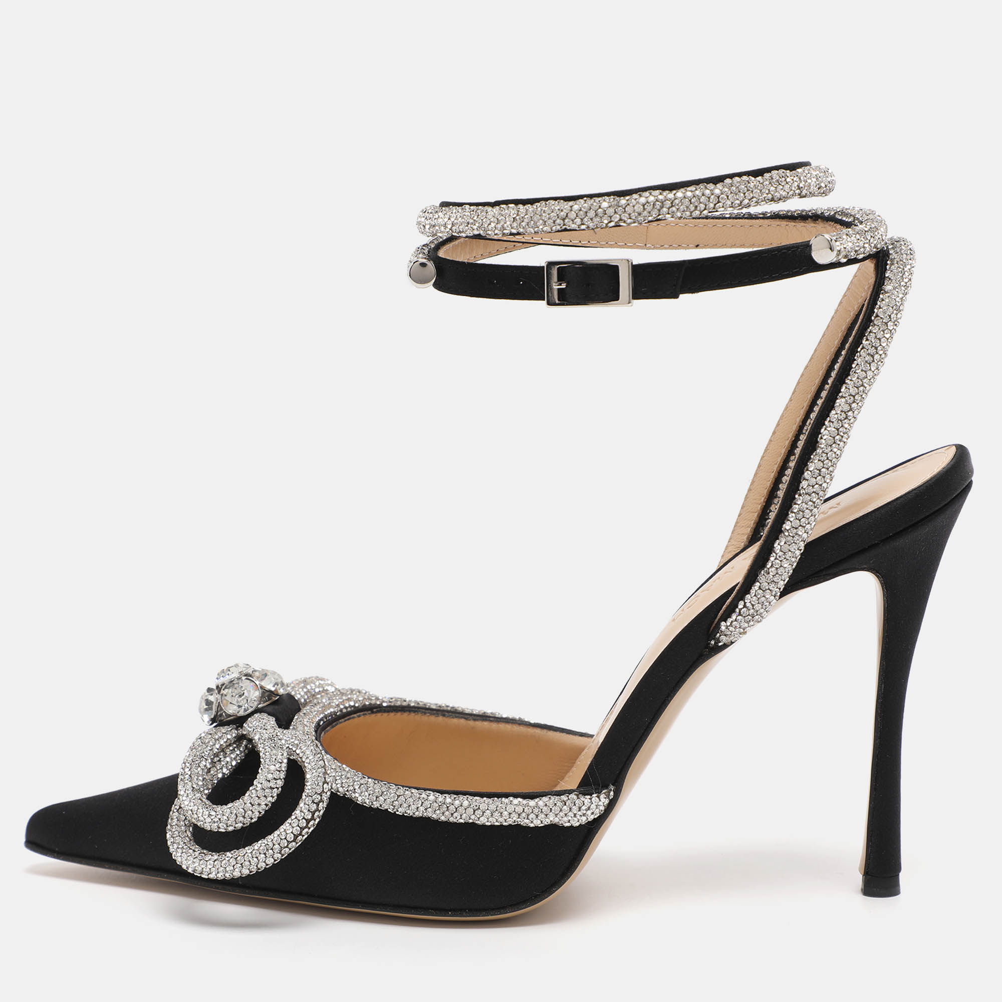 

Mach & Mach Satin Double Bow Crystal Embellished Ankle Tie Pumps Size, Black