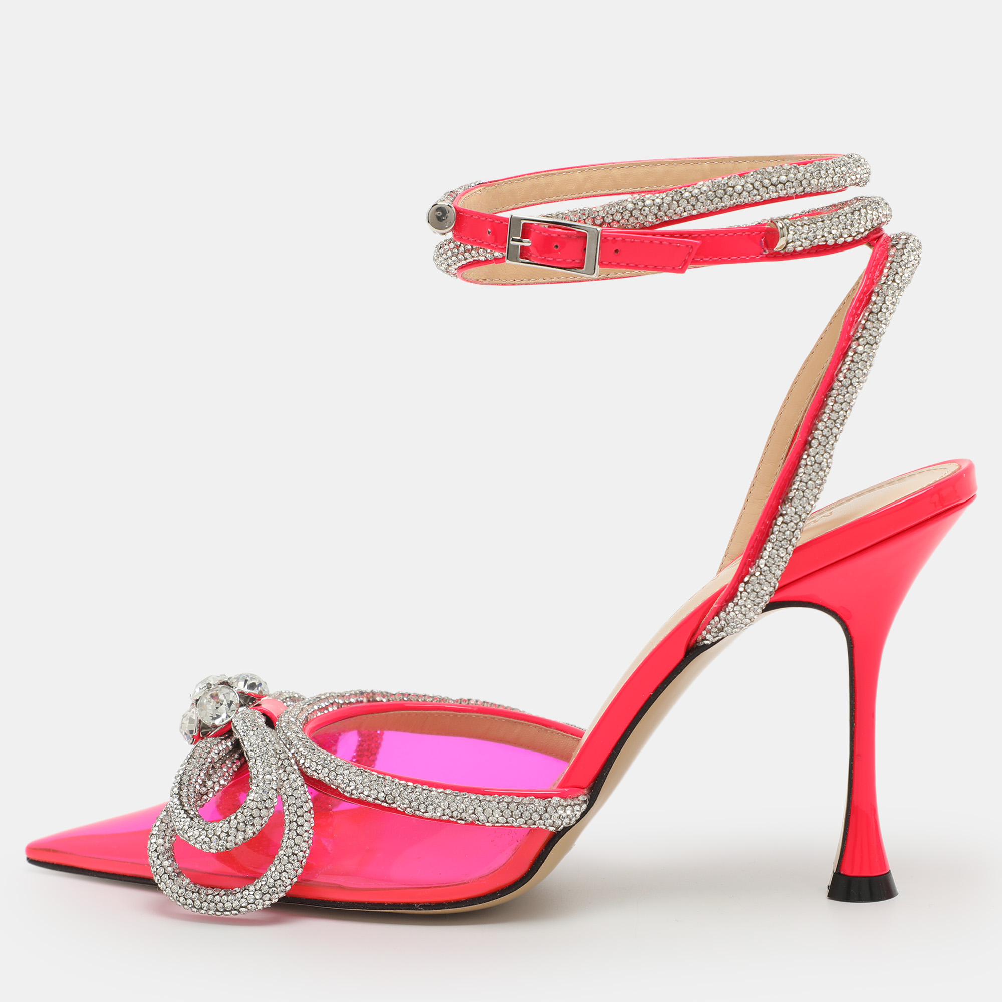 

Mach & Mach Double Bow Size  Neon Pink Patent Leather and PVC Pumps