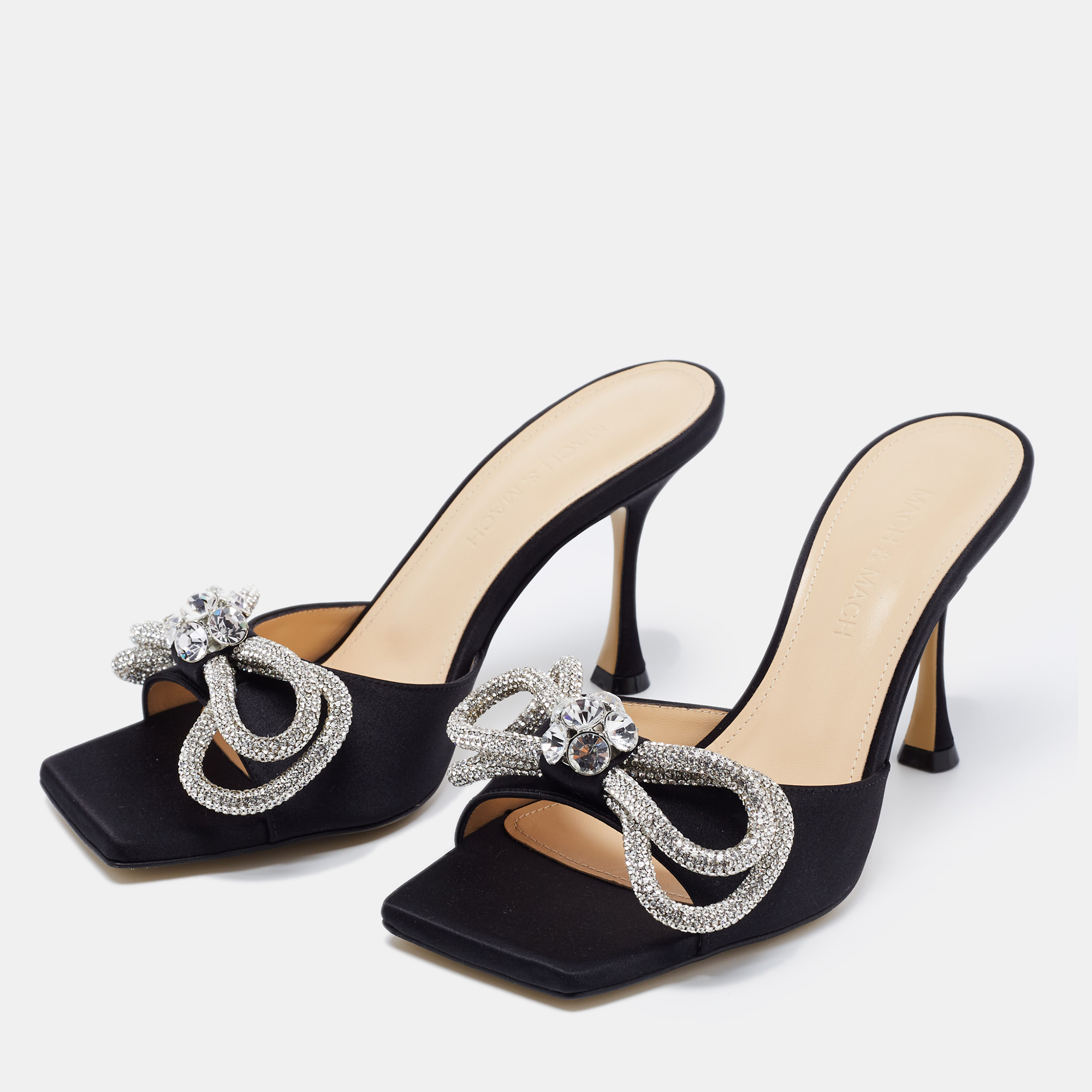 

Mach & Mach Black Satin Double Bow Crystal Embellished Slip Sandals Size