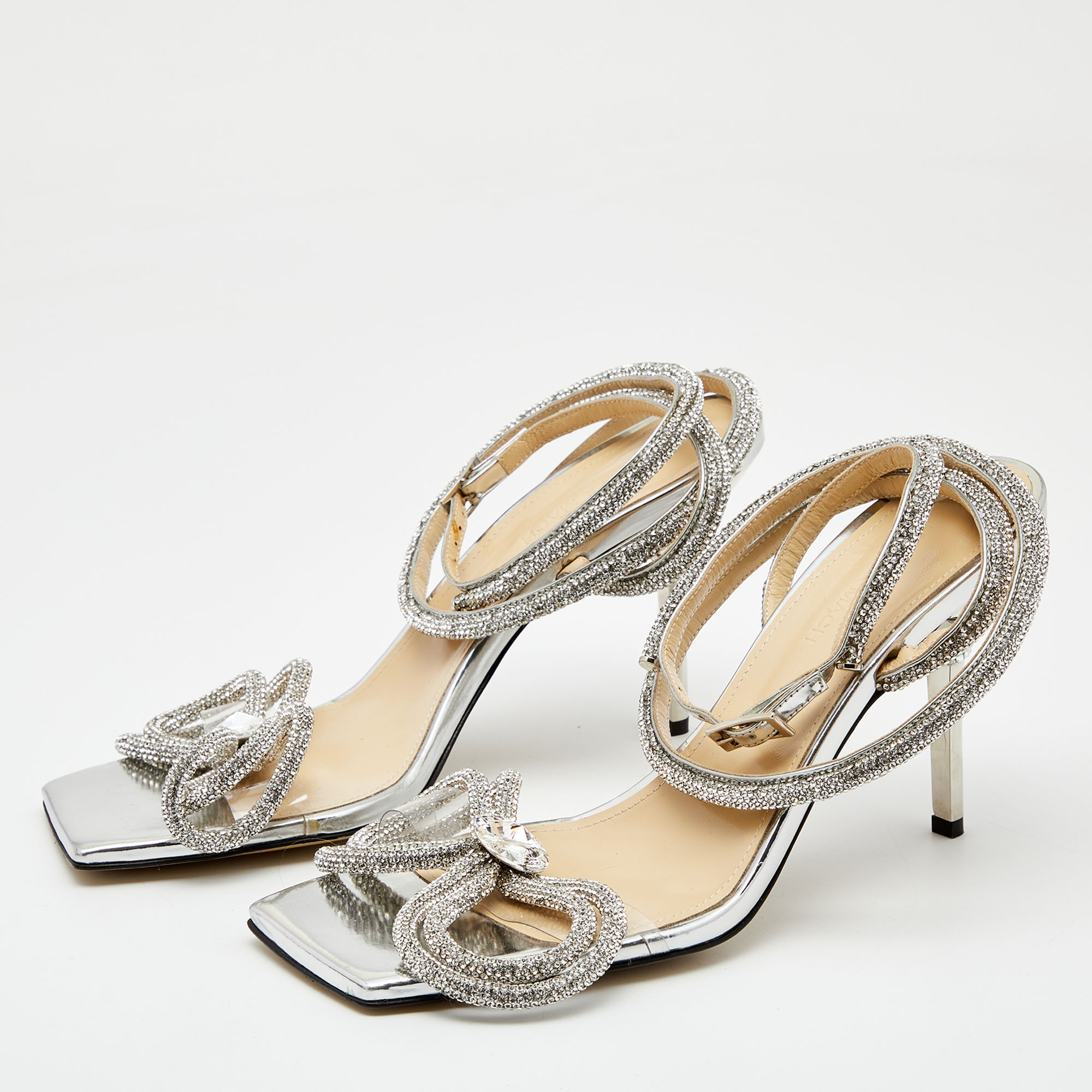 

Mach & Mach Silver Leather and PVC Crystal Embellished Bow Ankle Strap Sandals Size