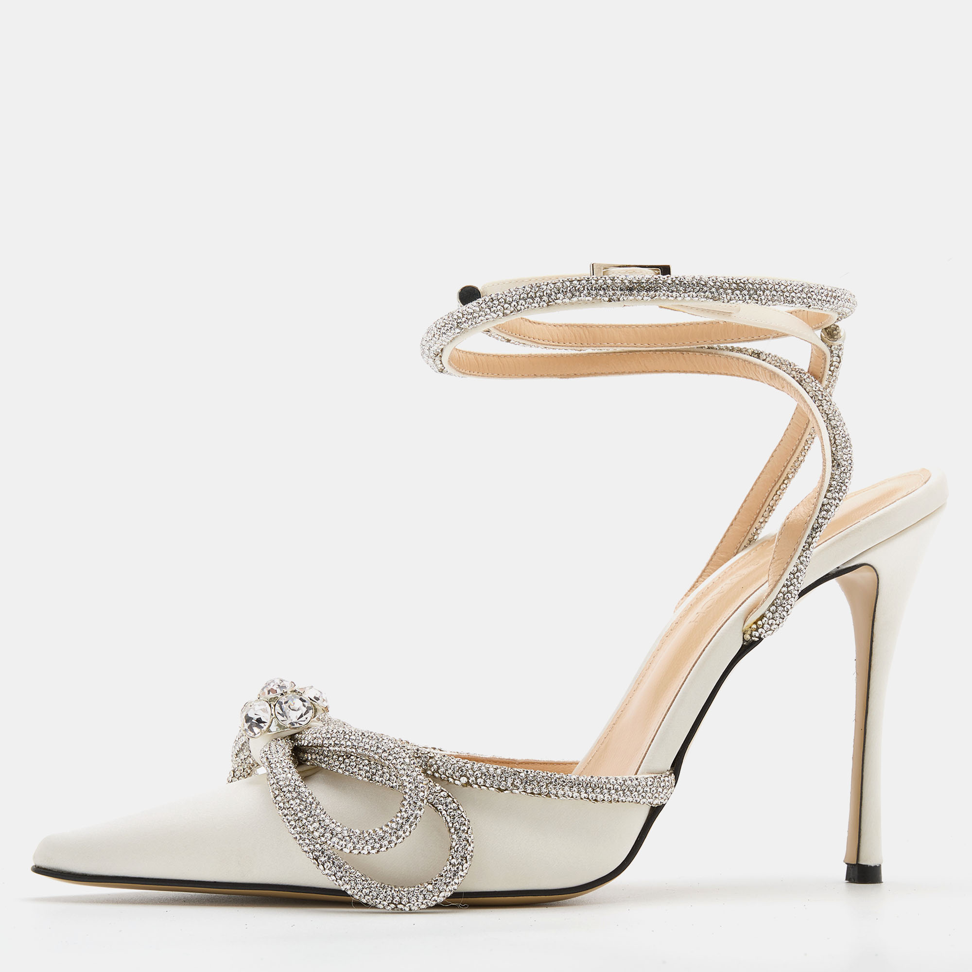 Pre Owned Mach & Mach White Satin Embellished Double Bow Ankle Strap Pumps Size 40