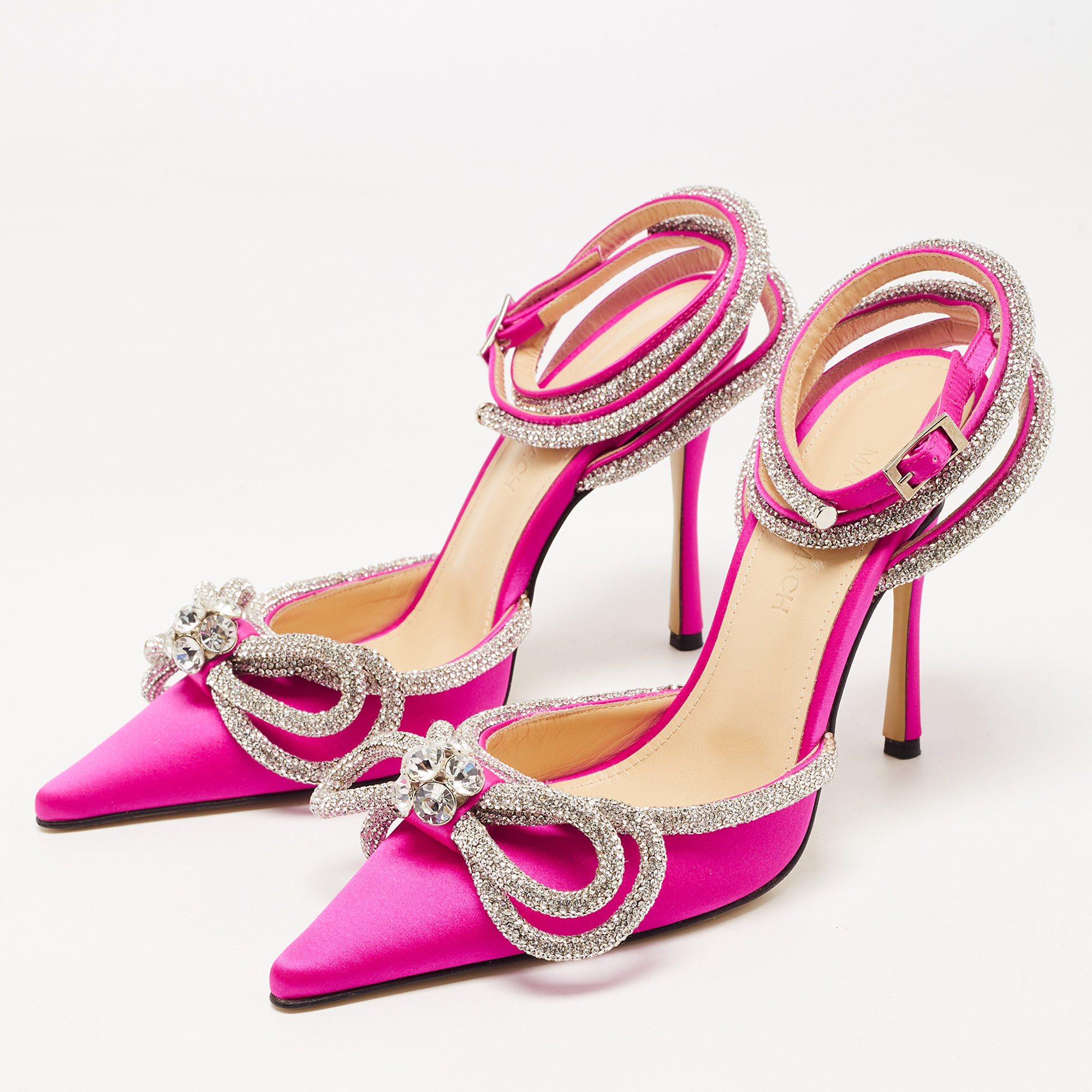 

Mach & Mach Pink Satin Crystal Bow Ankle Wrap Pumps Size