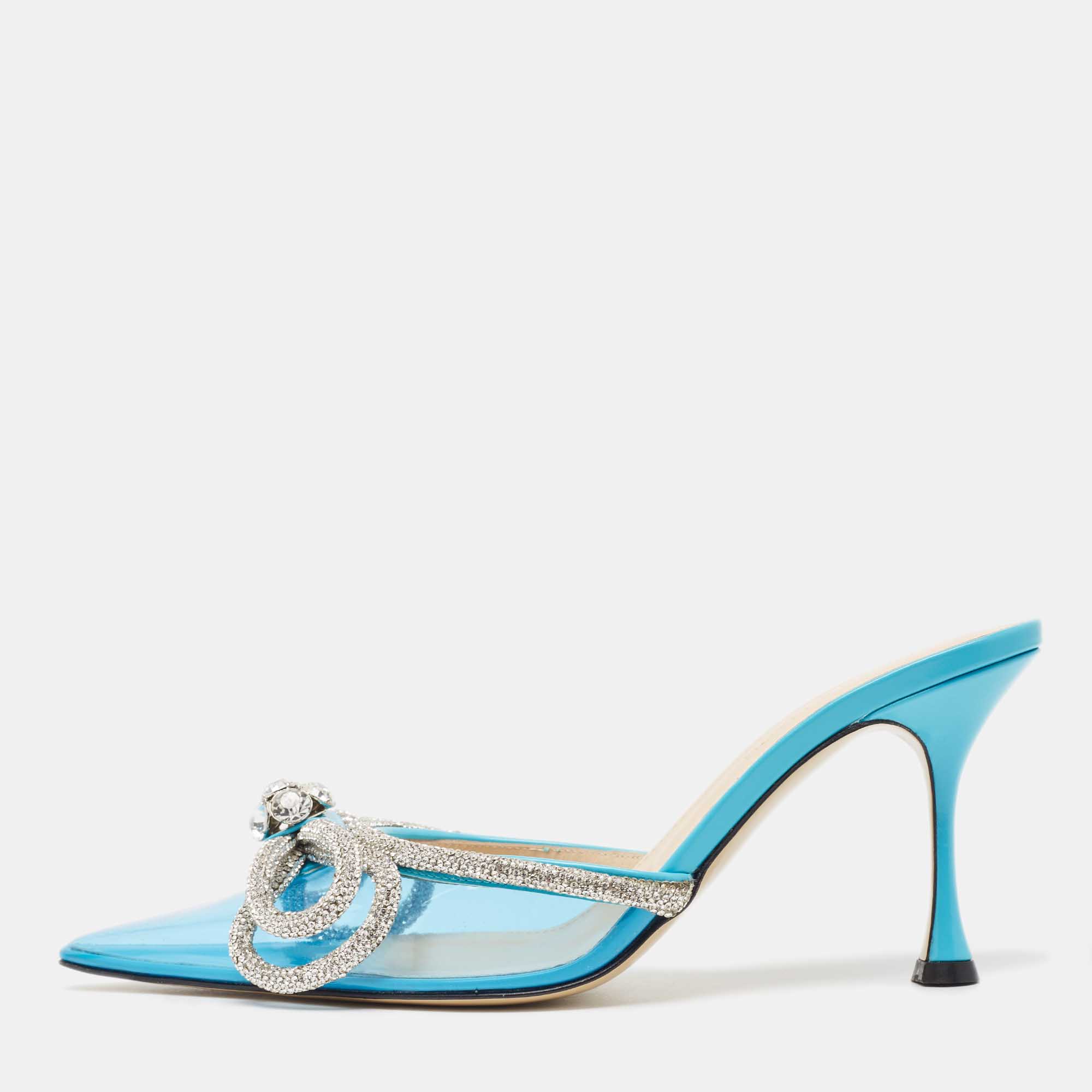 

Mach & Mach Blue PVC Crystal Embellished Double Bow Mules Size