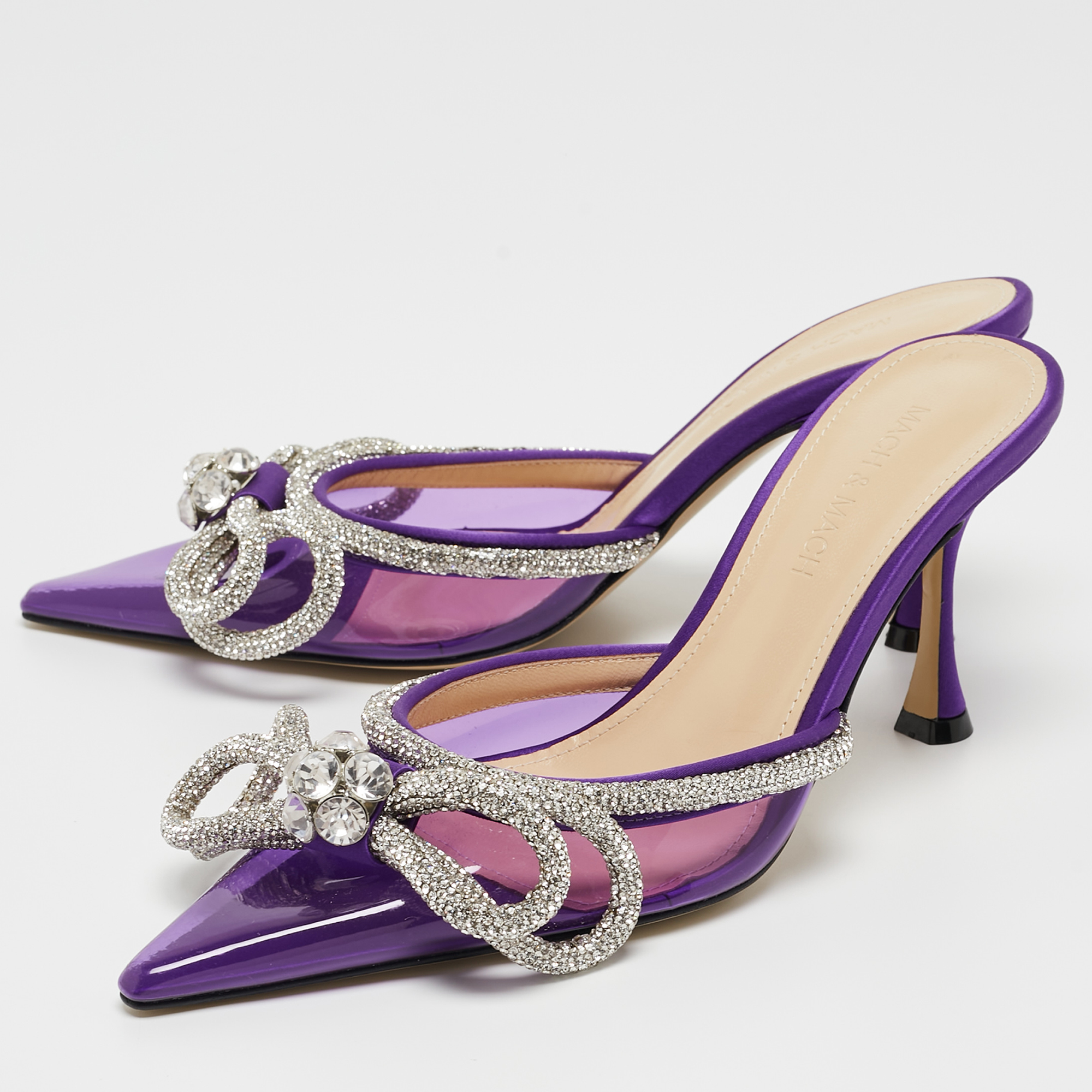 

Mach & Mach Purple PVC Crystal Embellished Double Bow Mules Size