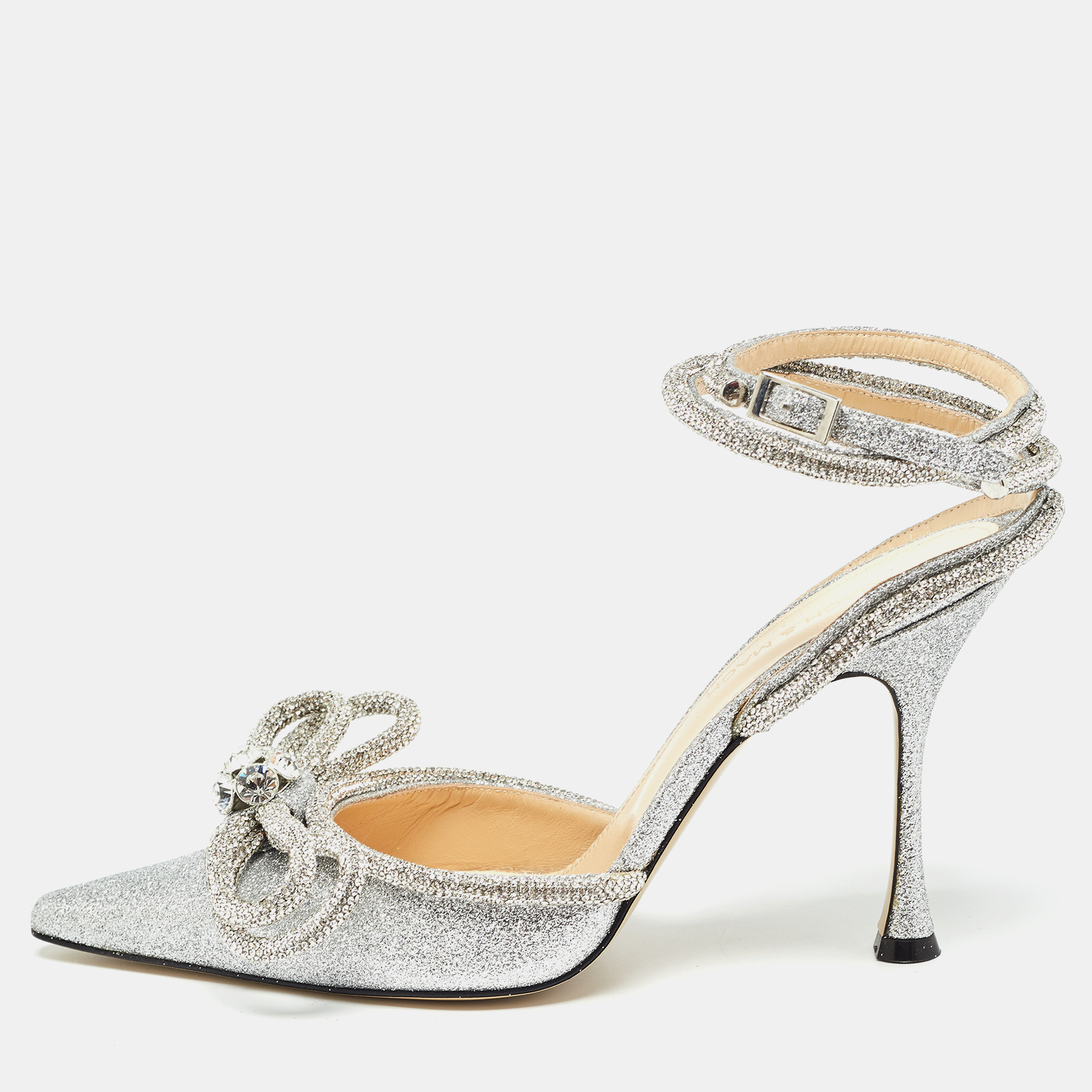 

Mach & Mach Silver Glitter Crystal Embellished Ankle Wrap Pumps Size