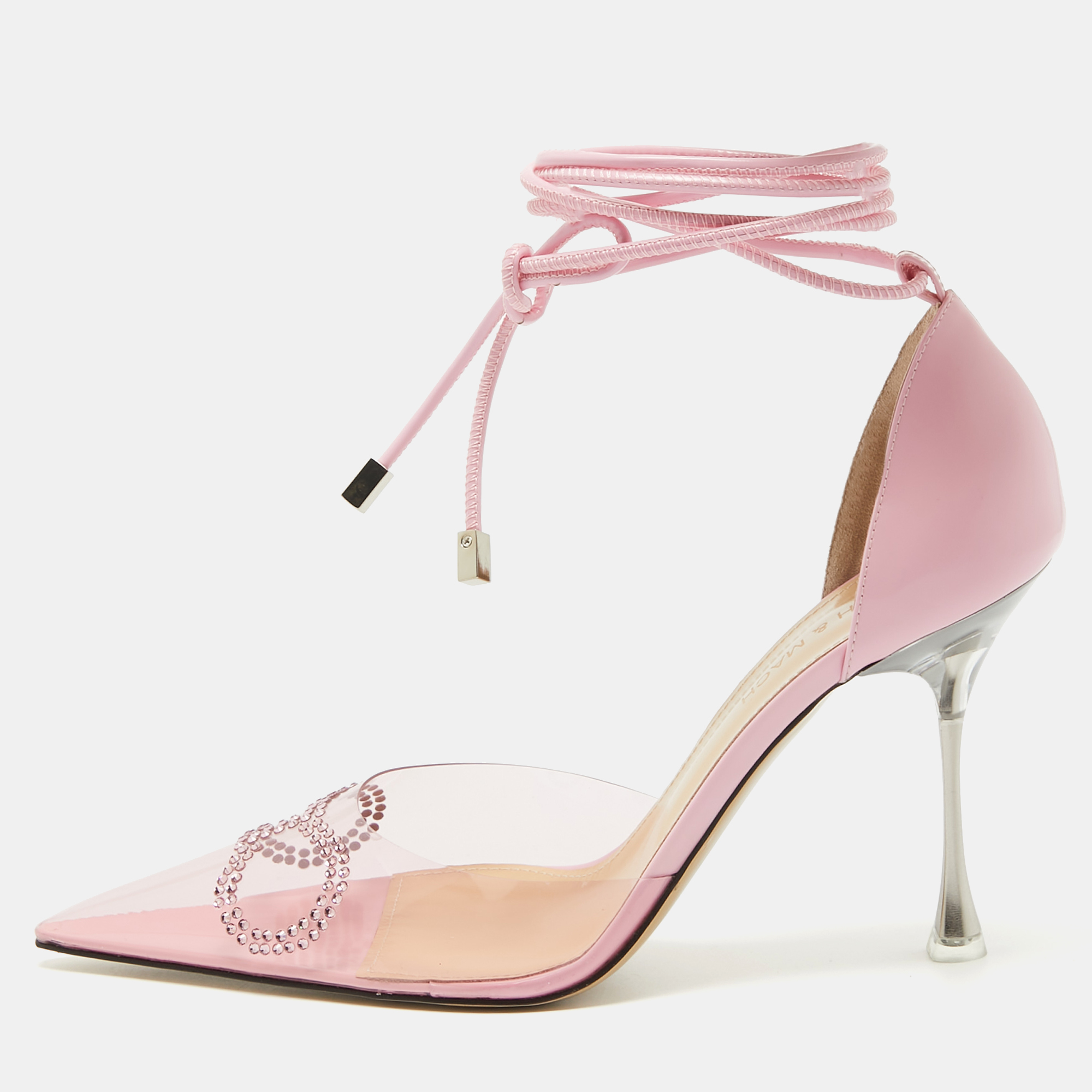 

Mach & Mach Pink Leather and PVC Crystal Embellished Pointed Toe Ankle Wrap Sandals Size